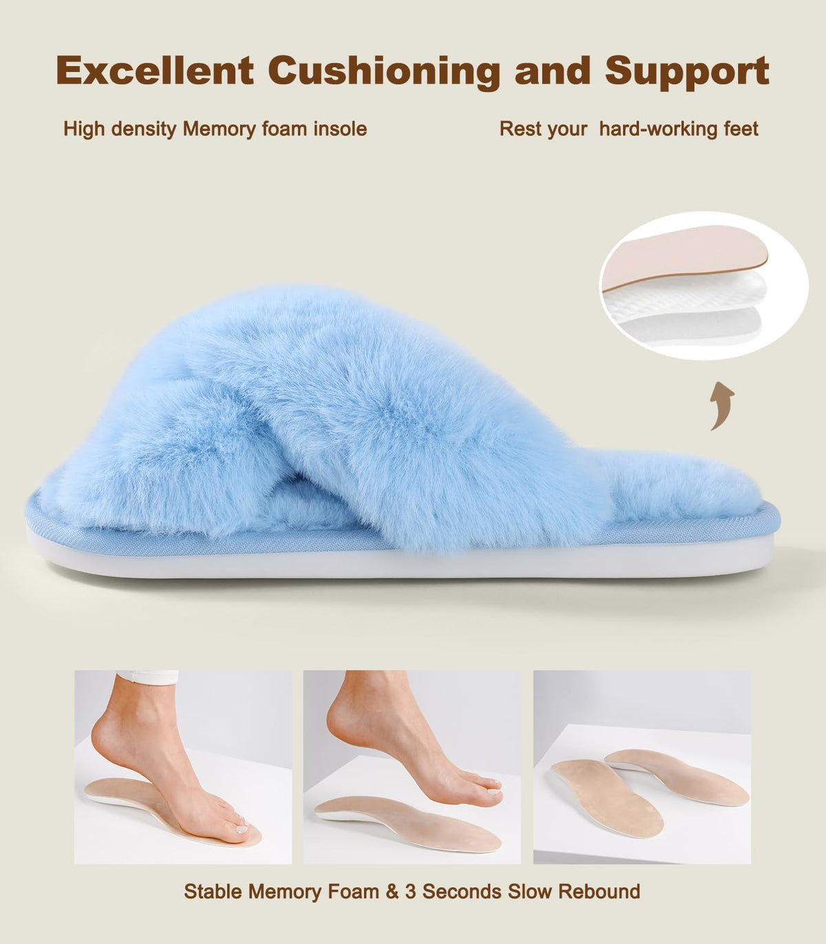 Ankis Women Slippers Fluffy Slippers Memory Foam, Cross Band Furry Open Toe Slippers Cozy Plush Home Shoes Indoor Outdoor Anti-Slide Slipper