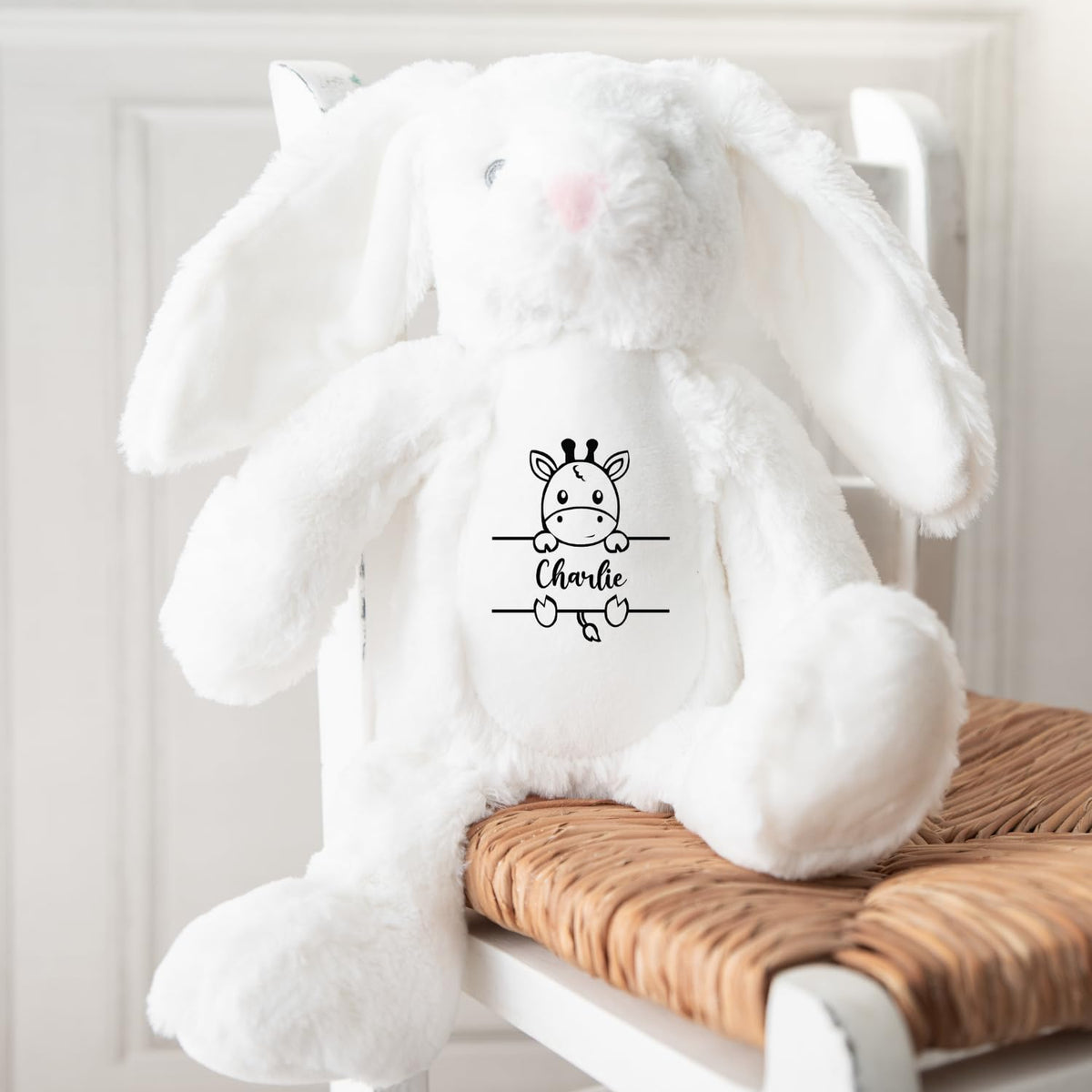 Crafted Memories - Personalised Teddy | Velveteen Bunny Soft Toy | Customisable Name for Newborns | Keepsake for Boys & Girls | Baby Shower Item | Pink Initial | Grey or White, 20-23cm
