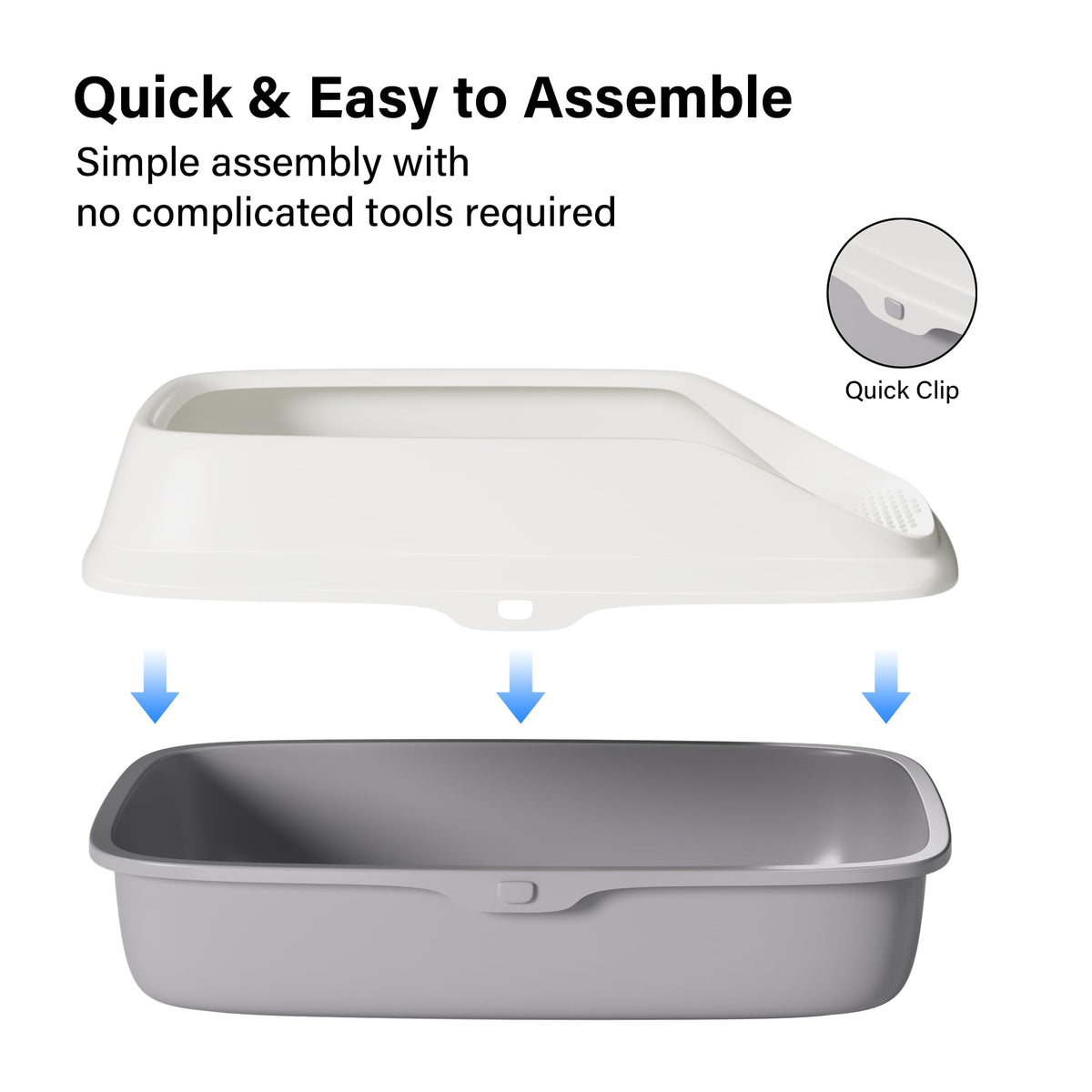 Cat Litter Tray Box, Litter Box, Plastic Cat Open Top Litter Tray with Free Scoop Kitten Detachable Rim Easy Cleaning,49 x 38 x 23cm (Grey)