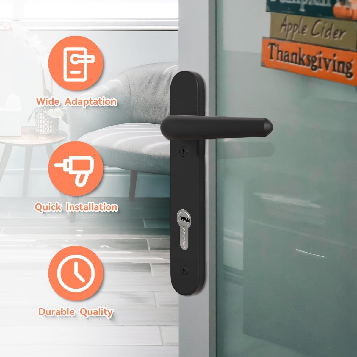 Bwintech 1 Set Black UPVC Door Handle Set, 92mm Backset,122mm Screw Hole Distance, 210mm Plate Length Front Door Handles for UPVC Door