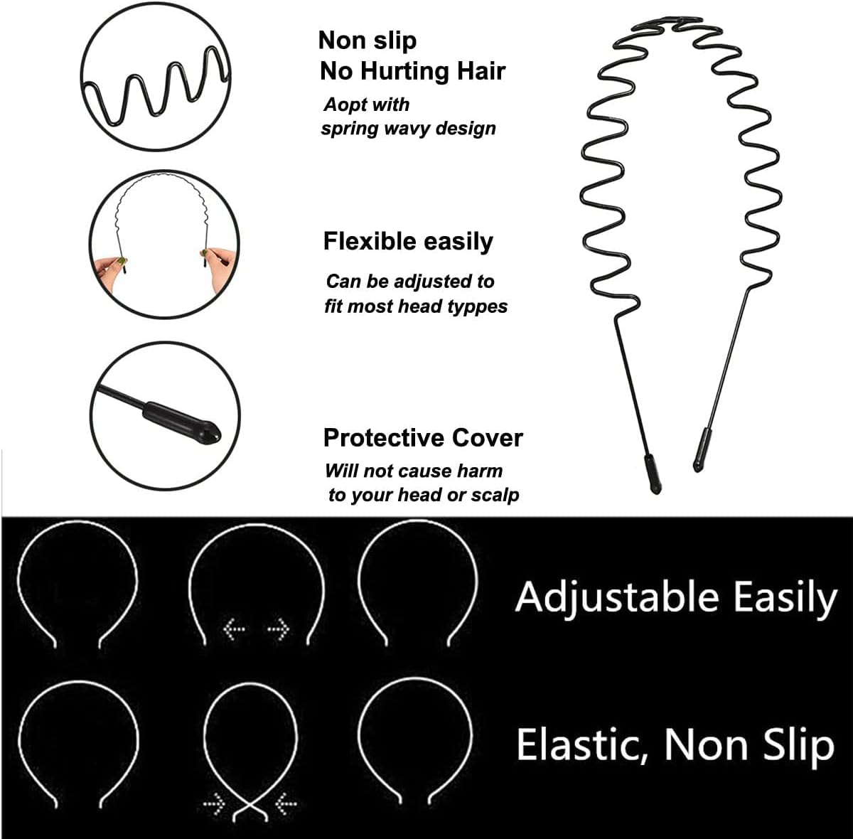 3PCS Metal Hair Bands for Men Non-Slip Black