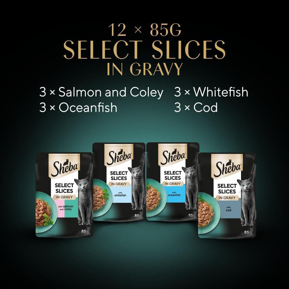 Sheba Select Slices in Gravy – Fish Collection – Wet cat food pouches for adult cats – 12 x 85g pack