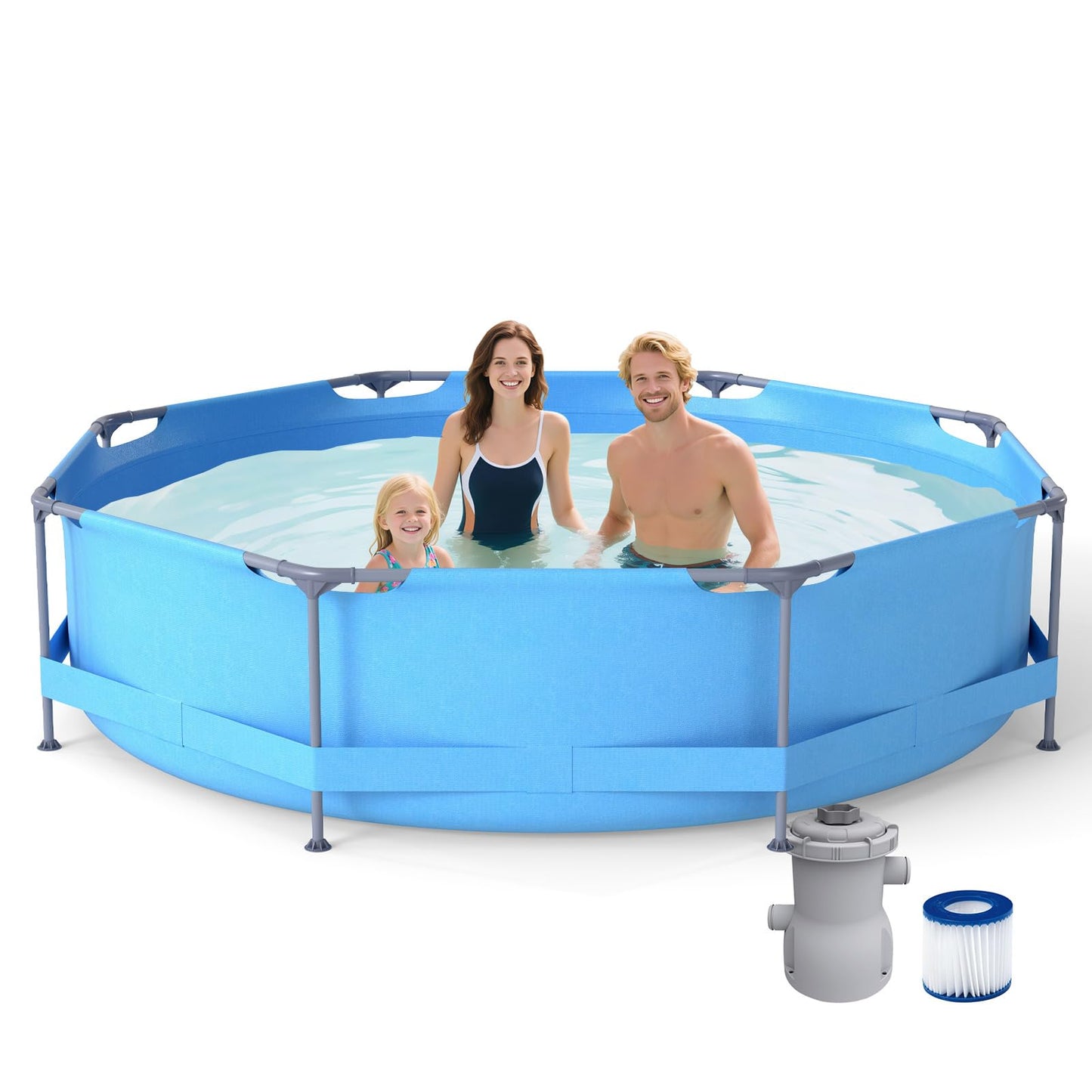 COSTWAY Above Ground Swimming Pool, Outdoor Round/Rectangular Large Framed Pool Set, Metal Frame Garden Family Pools for Kids and Adults (Gray, 300 x 207 x 66 cm, Rectangular)