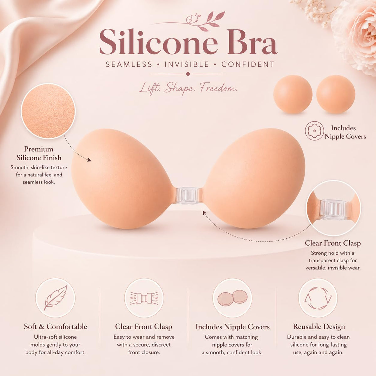 Bvanzo Stick On Bra for Women, Invisible Sticky Backless Strapless Push Up Bra with Sticky Bra Push Up, Skin Friendly and Breathable, Reusable Silicone Adhesive Bra