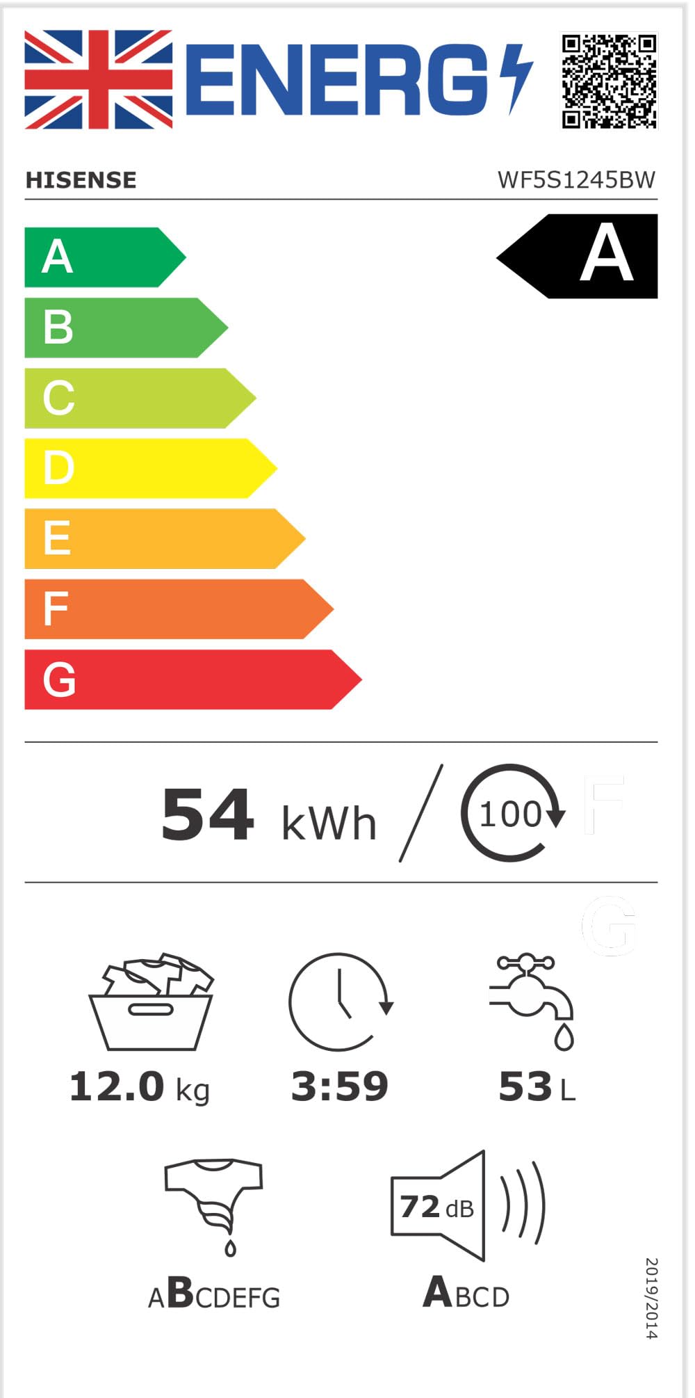 Hisense WF1G7021BW Freestanding 7 KG-Front Load Durable Inverter Washing Machine, Steam Wash-Quick Wash-15 Washing Programs-1200 RPM-White-Energy Rating B