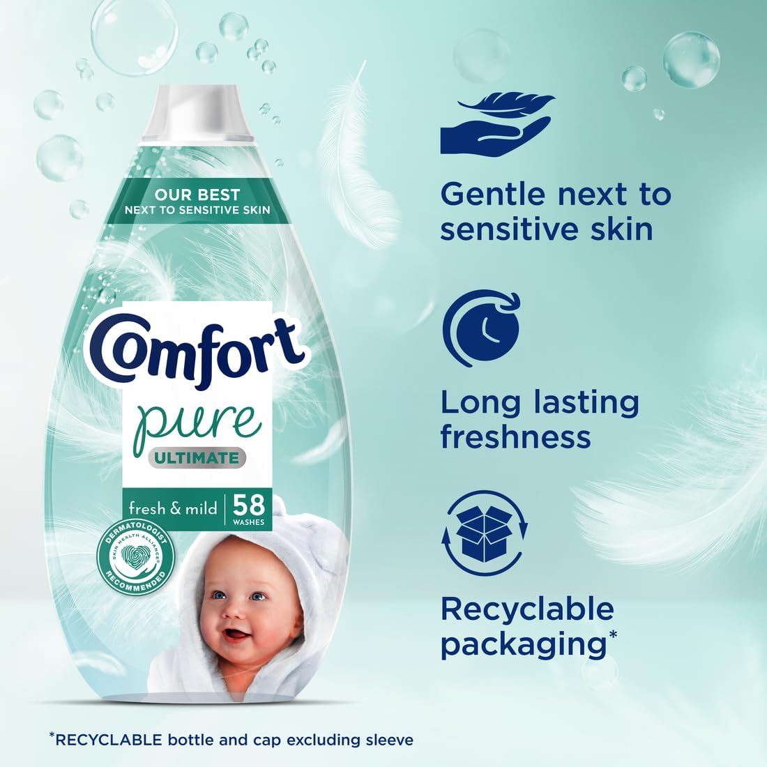 Comfort Pure Ultimate Fresh & Mild Ultra Concentrated Fabric Conditioner Dermatologist-Recommended Gentle Next to Sensitive Skin 58 washes (870 ml)