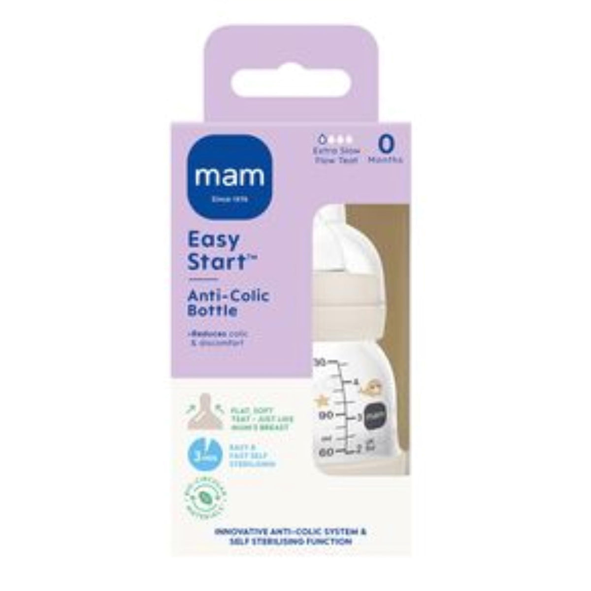 MAM Easy Start Anti-Colic Bottle, 1x 130ml, Self-Sterilising, Linen