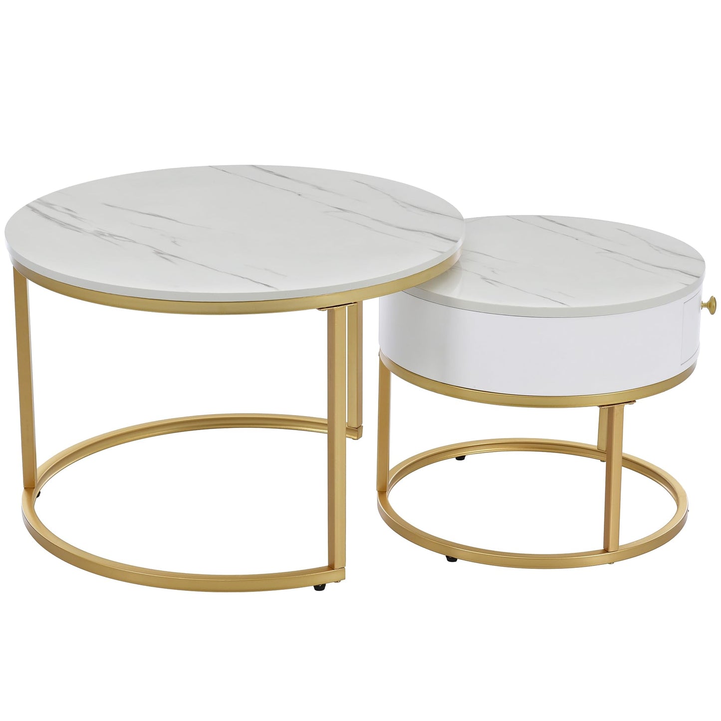 ModernLuxe 2-in-1 Coffee Table, Multi-functional Side Table with Marble Grain Veneer Top, Rattan Drawers, Solid Wood Handles, Gold Coloured Iron Legs, Round Nest of Tables for Living Room, Black