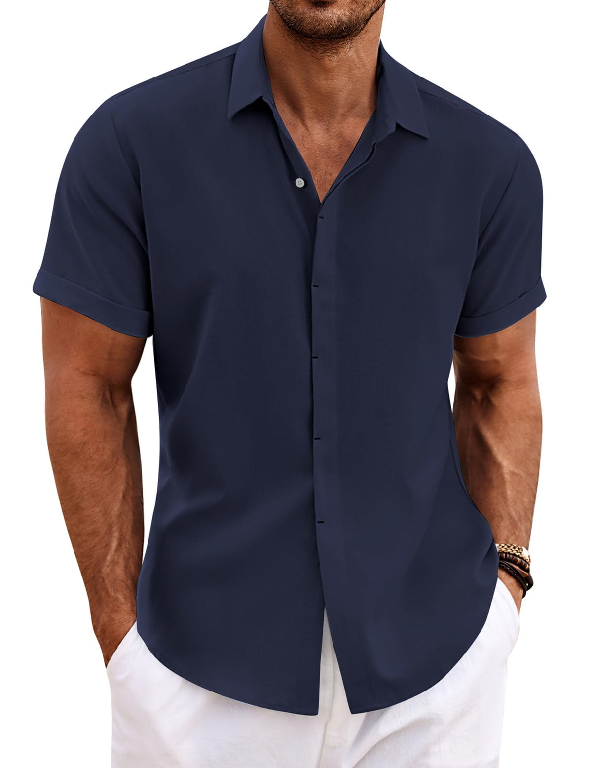 COOFANDY Mens Linen Shirts Short Sleeved Summer Regular Fit Button Down Hawaiian Holiday Tops
