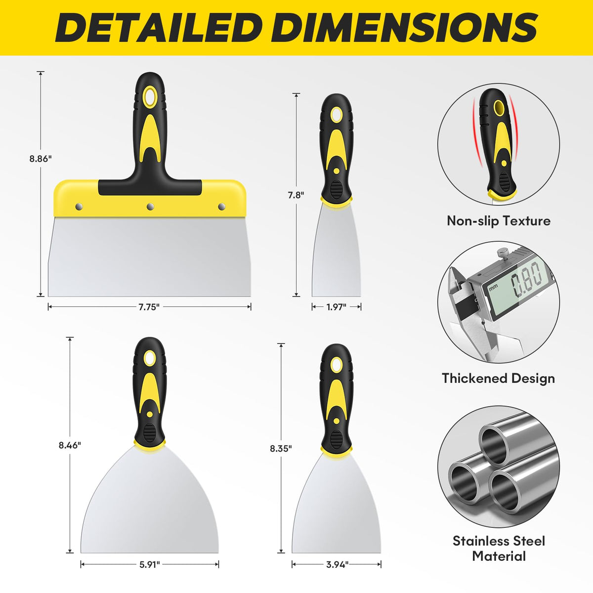 suokoun Wallpaper Scraper Set, 7 Pieces Stainless Steel Drywall Hand Tool Kit Includes Taping Putty Tool and 12" Mud Pan with Soft Grip Handle for Drywall Work