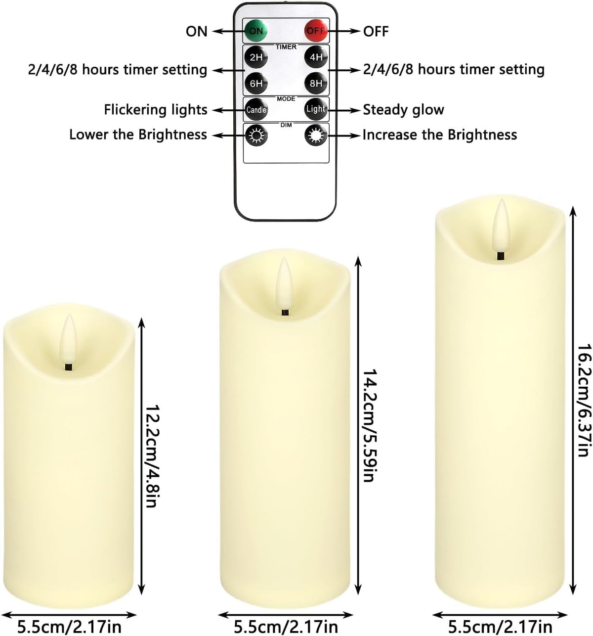 LIVEN Flickering Flameless Candles Battery Operated with Remote,Led Pillar Candles with Realistic Moving Wick Candles for Halloween,Christmas,Home Decor Pack of 12 (D2.2 xH 5" 6" 7")(White)
