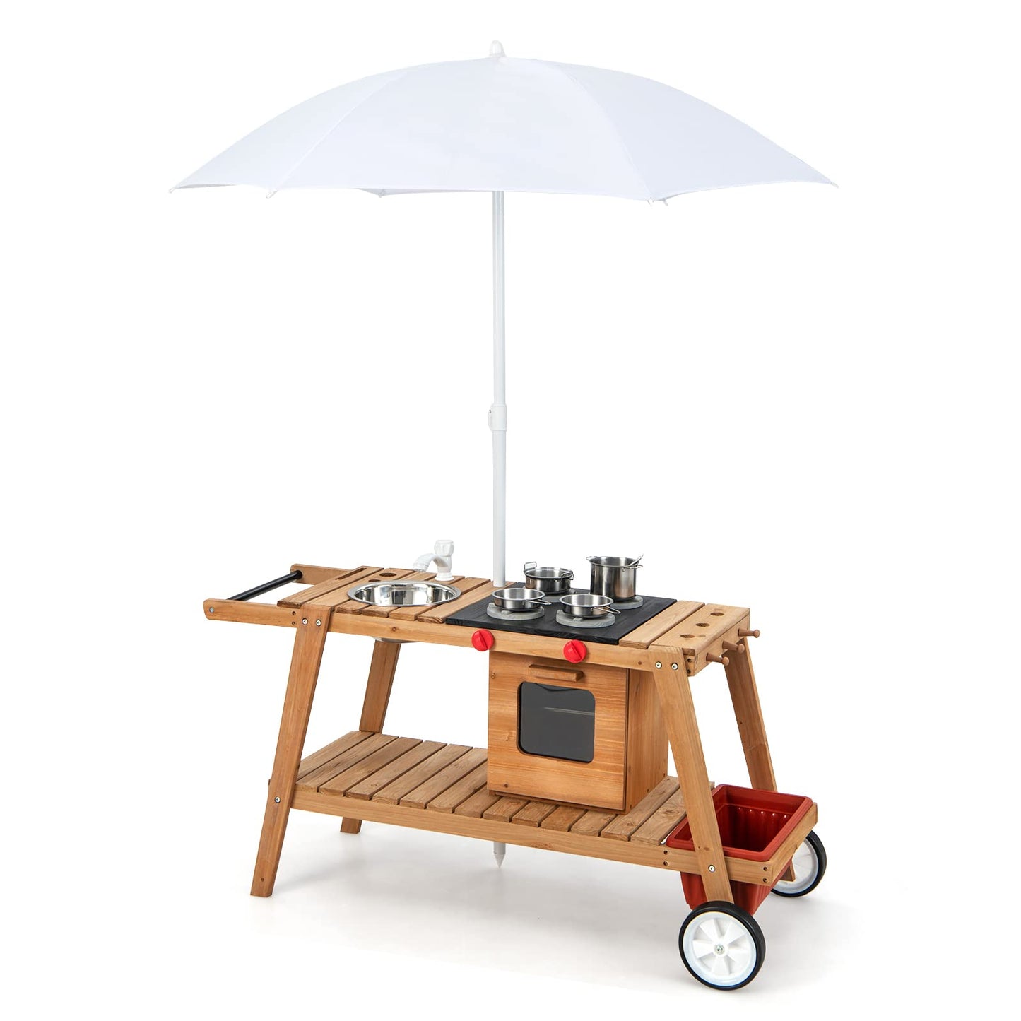 COSTWAY Wooden Mud Kitchen, Outdoor Kitchen Playset with Umbrella, Sink, Storage Cabinet and Accessories, Wheeled Role Pretend Cooking Cart for Kids Toddlers (Natural+White)