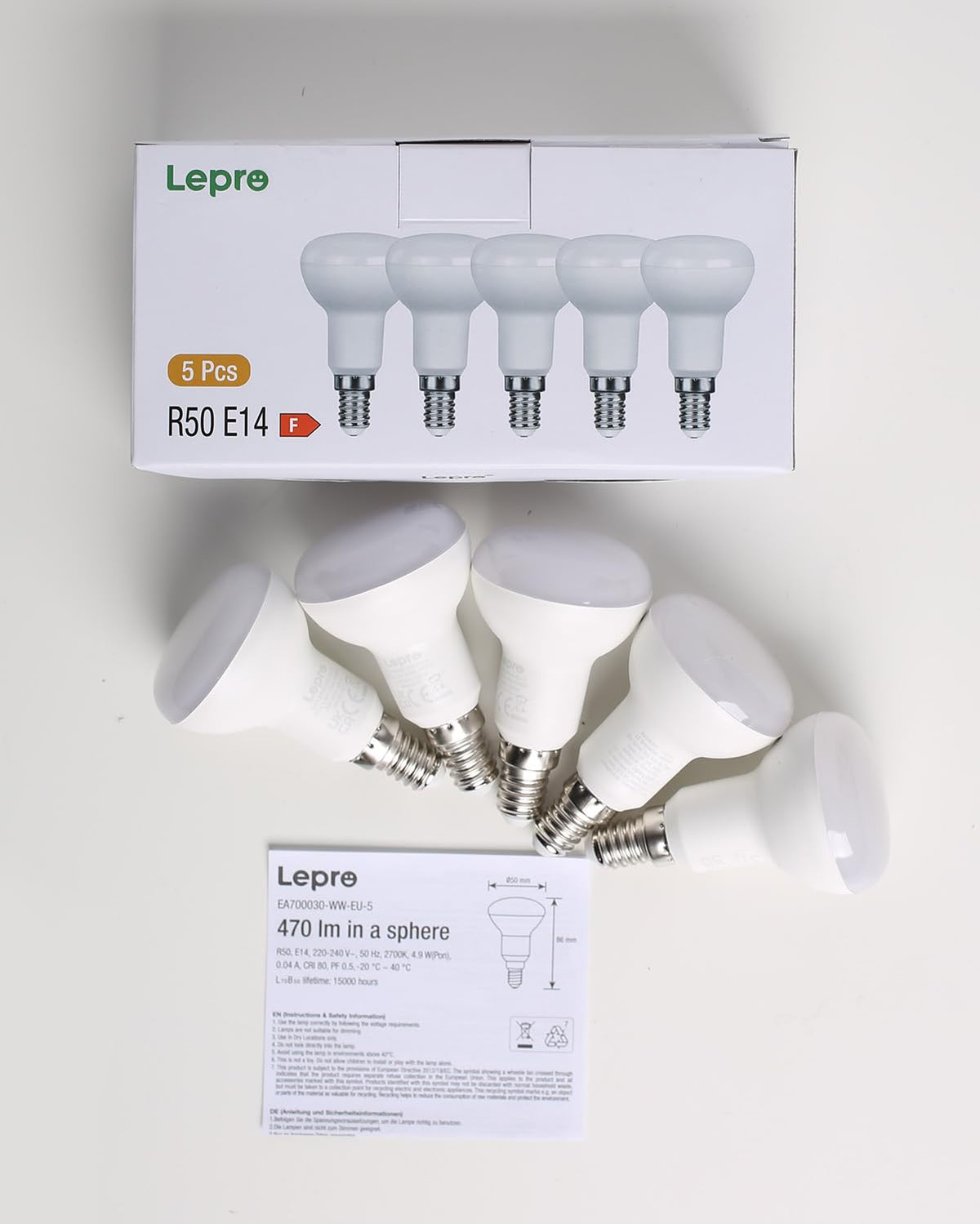 Lepro R50 E14 LED Light Bulb, Warm White 2700K, 4.9W=40W, 470LM, Pack of 3
