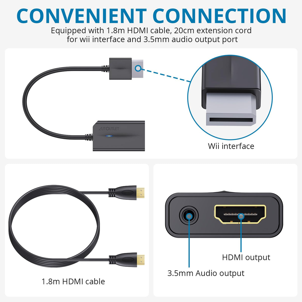 AUTOUTLET Wii to HDMI Converter 1080P 5ft/150 cm for Full HD Device, Adapter with HDMI Male Cable Output Compatible with Nintendo Wii, Wii U, HDTV, Monitor-Supports All Wii Display Modes