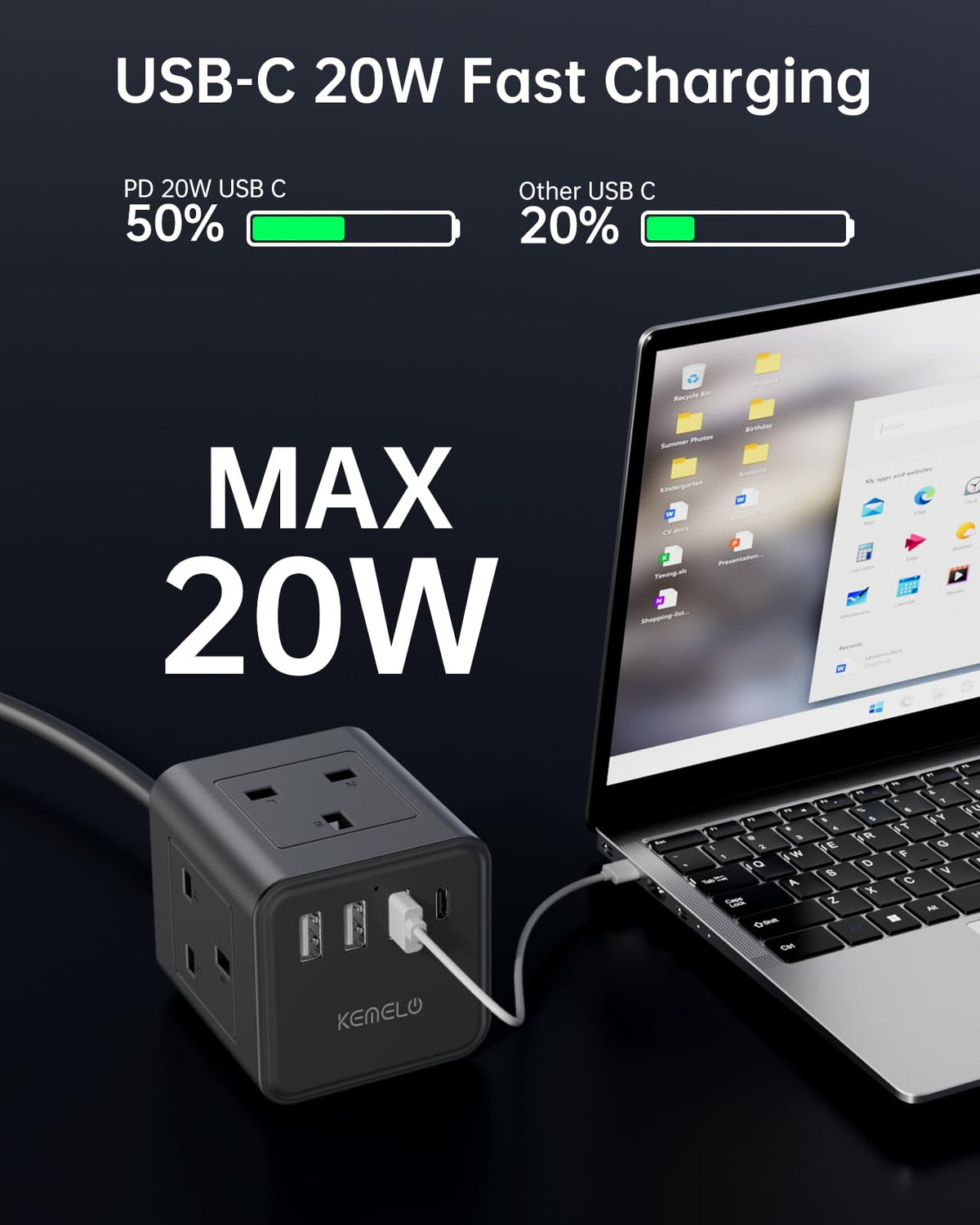 Cube Extension Lead with 4 USB Slots, Kemelo 4 Way (13A/3250W) Multi Plug Extension Cable with Child Safety UK Desktop Power Extension Socket,1.5M Extension Cords for Home Dorm Office Travel, Black