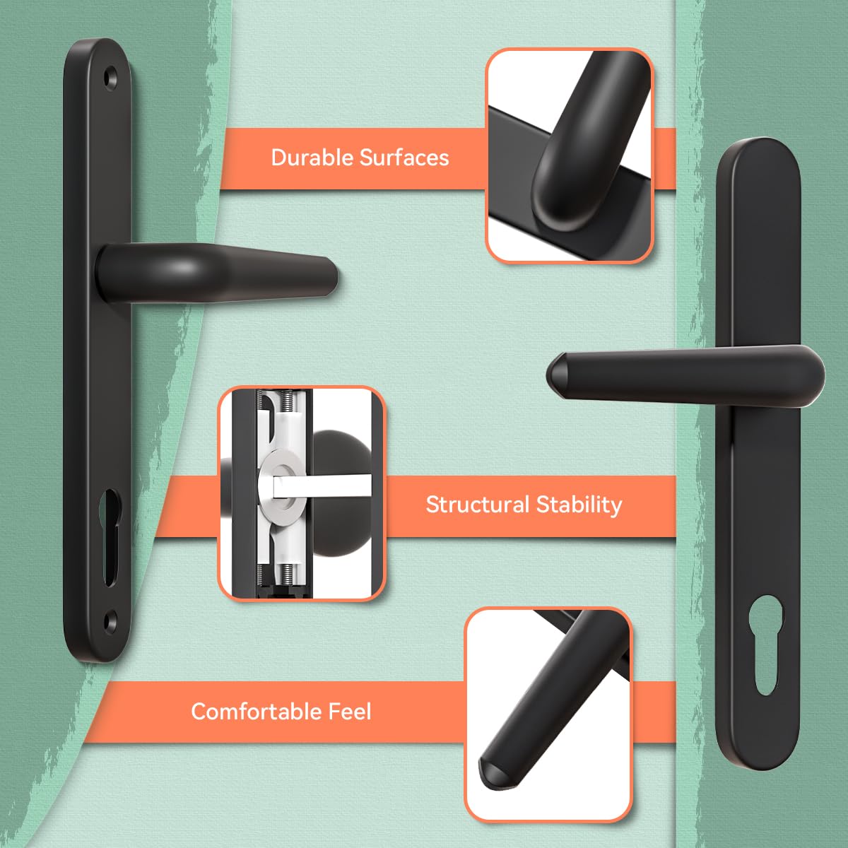 Bwintech 1 Set Black UPVC Door Handle Set, 92mm Backset,122mm Screw Hole Distance, 210mm Plate Length Front Door Handles for UPVC Door