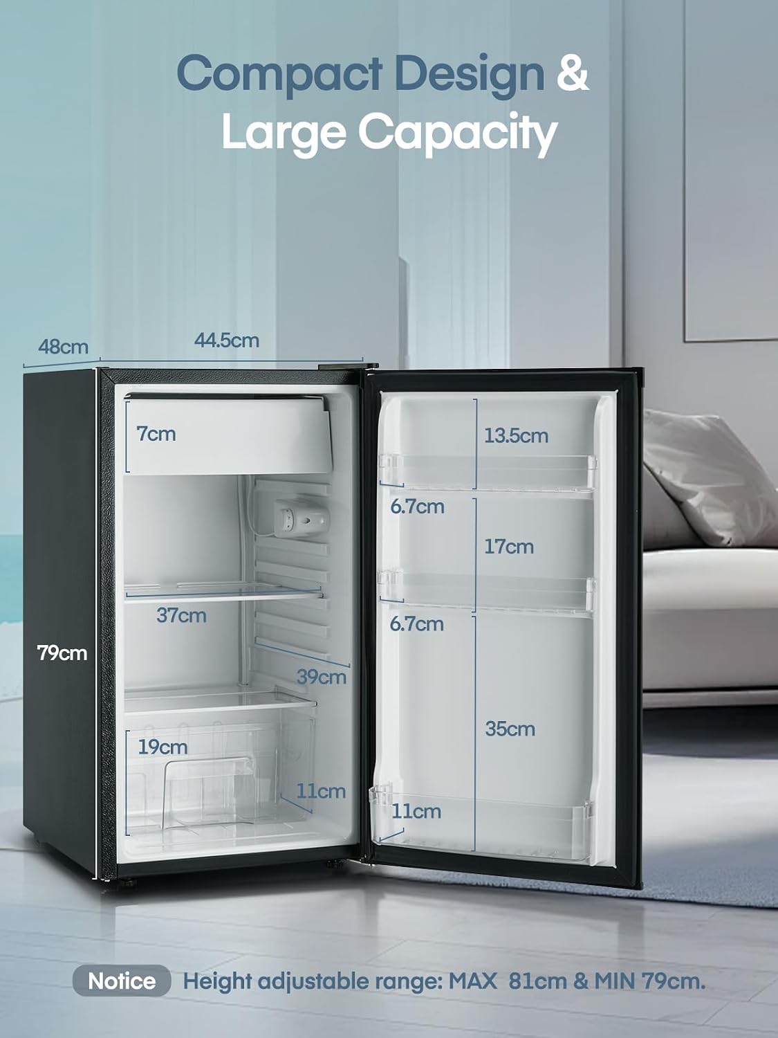 FOHERE Under Counter Fridge 90L, Freestanding Refrigerator with Chiller Box, Adjustable Thermostats & Legs, Removable Shelf, Reversible Door, Energy Efficient, Black