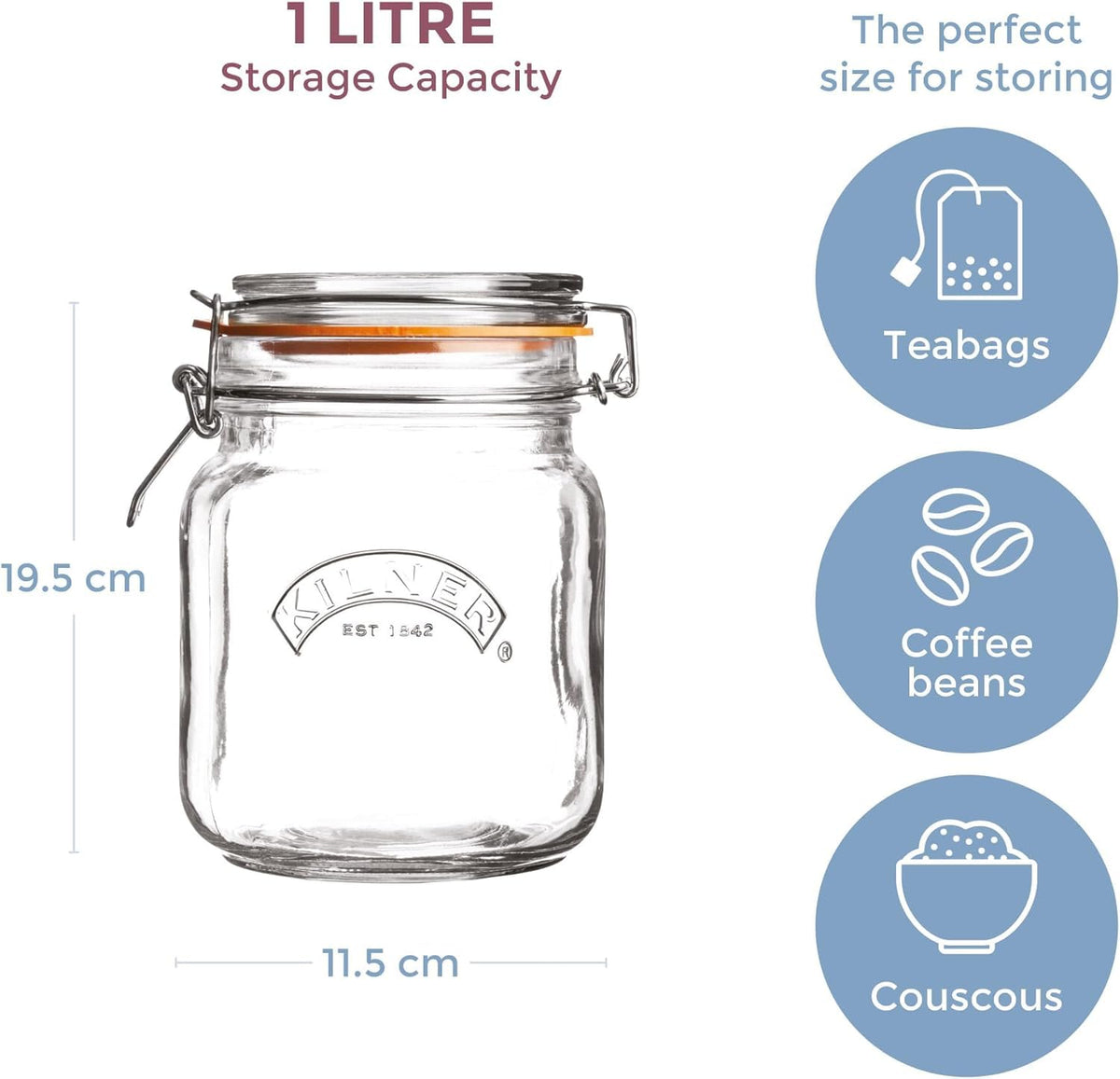 Kilner Square Clip Top Jar 250ml (0.25L) Airtight Glass Jar for Storing Herbs Spices Dried Fruits Nuts and Seeds
