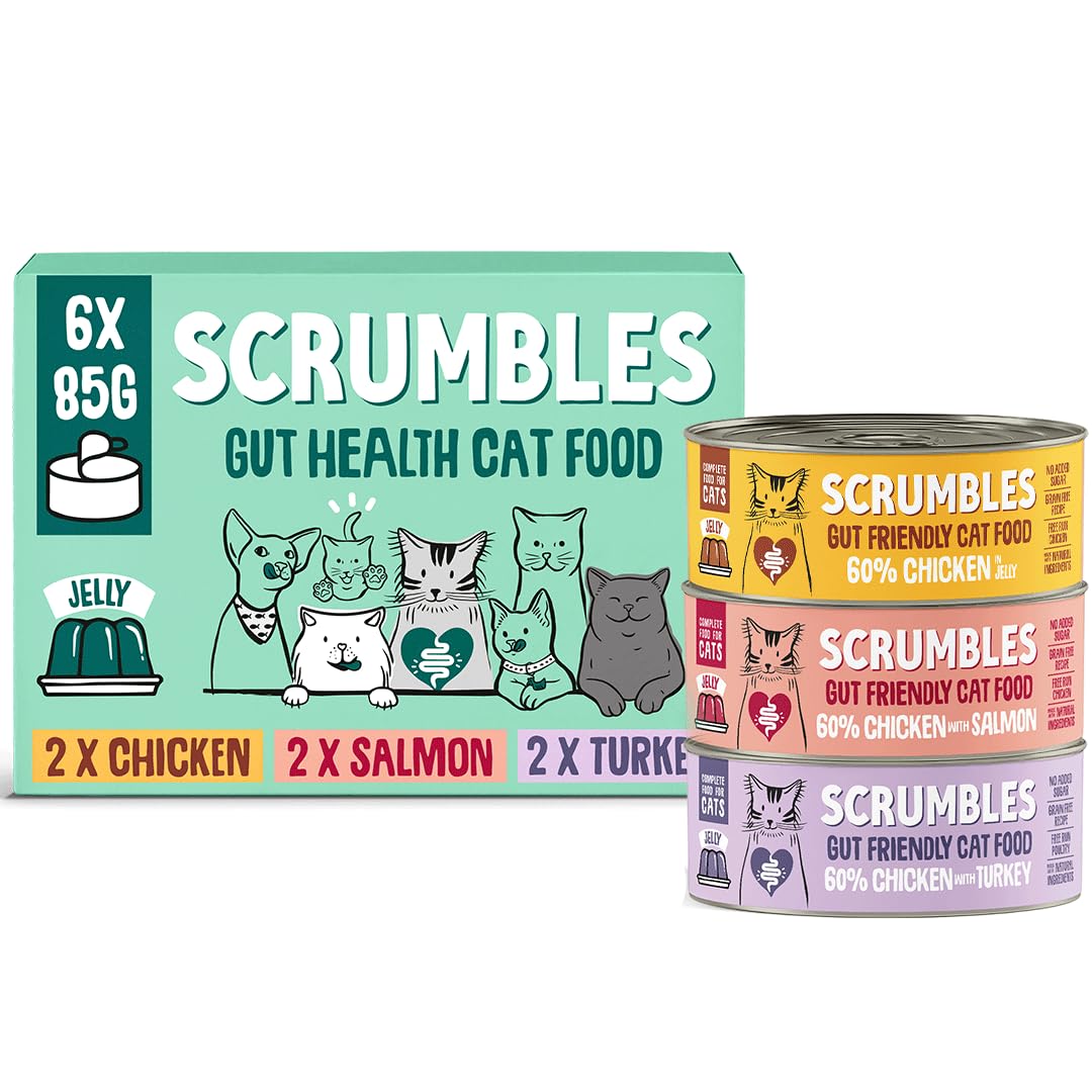 Scrumbles • Wet Cat • Pate • Hypoallergenic • All Lifestages • 2 x Chicken • 2 x Salmon • 2 x Turkey • 6 Tins (80g) • 70% Meat