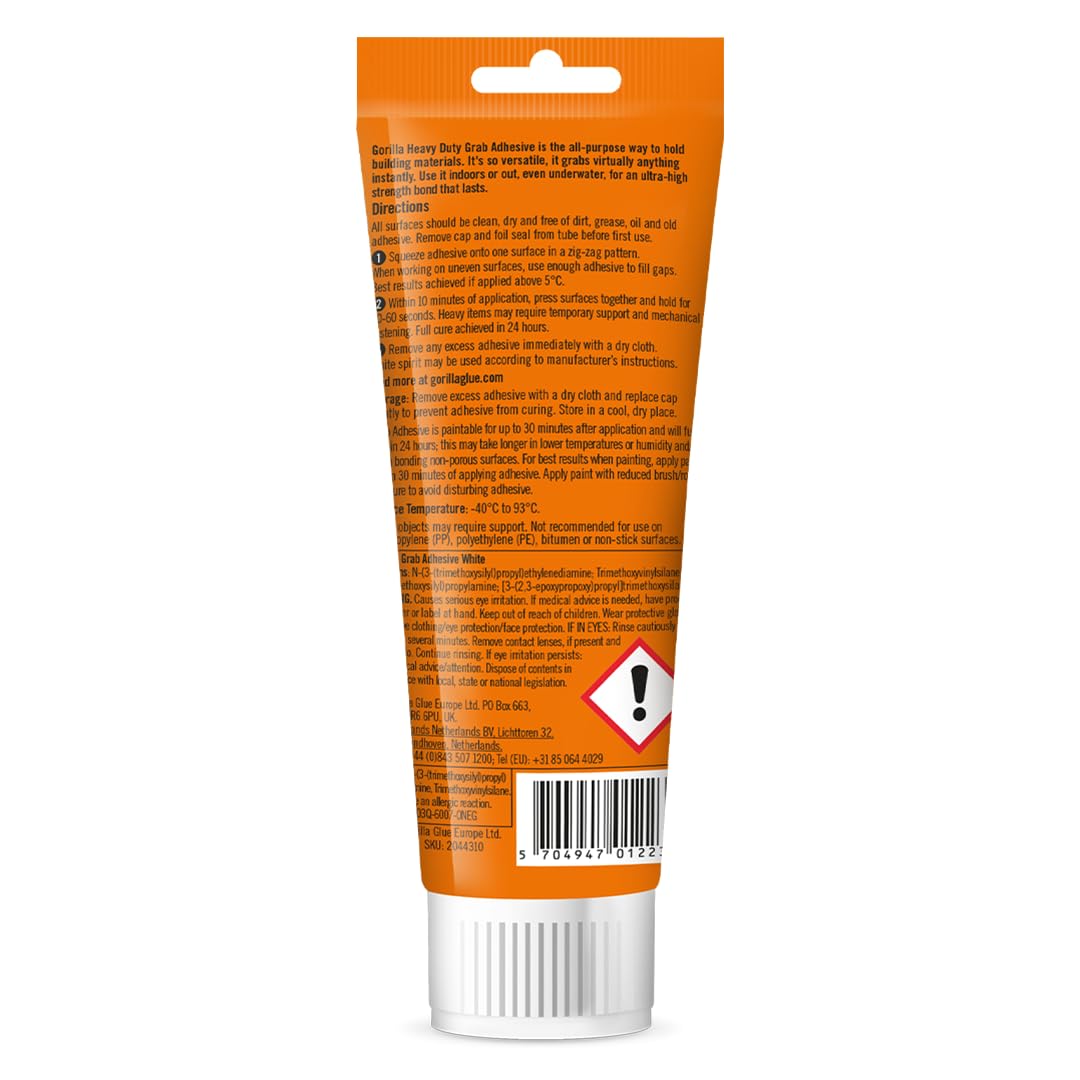 Gorilla Heavy Duty White Grab Adhesive 200ml Tube – All-Purpose, Ultra-High Strength, Holds Instantly, 100% Waterproof & temperature resistant