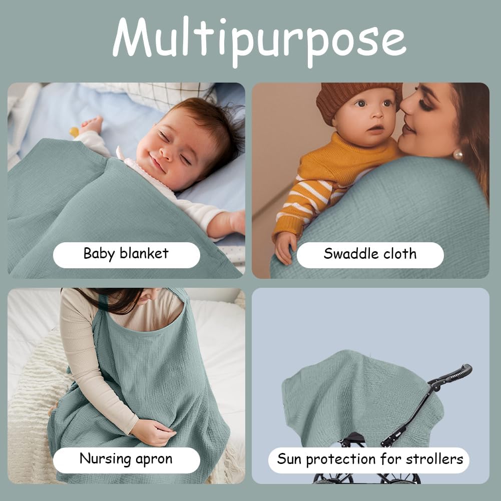 Aolso Breastfeeding Cover Nursing Cover, Muslin Cotton Soft Breathable Nursing Cover, Adjustable Strap Breast Feeding Coverall for Car Seat Blanket and Stroller Coverall (Green)