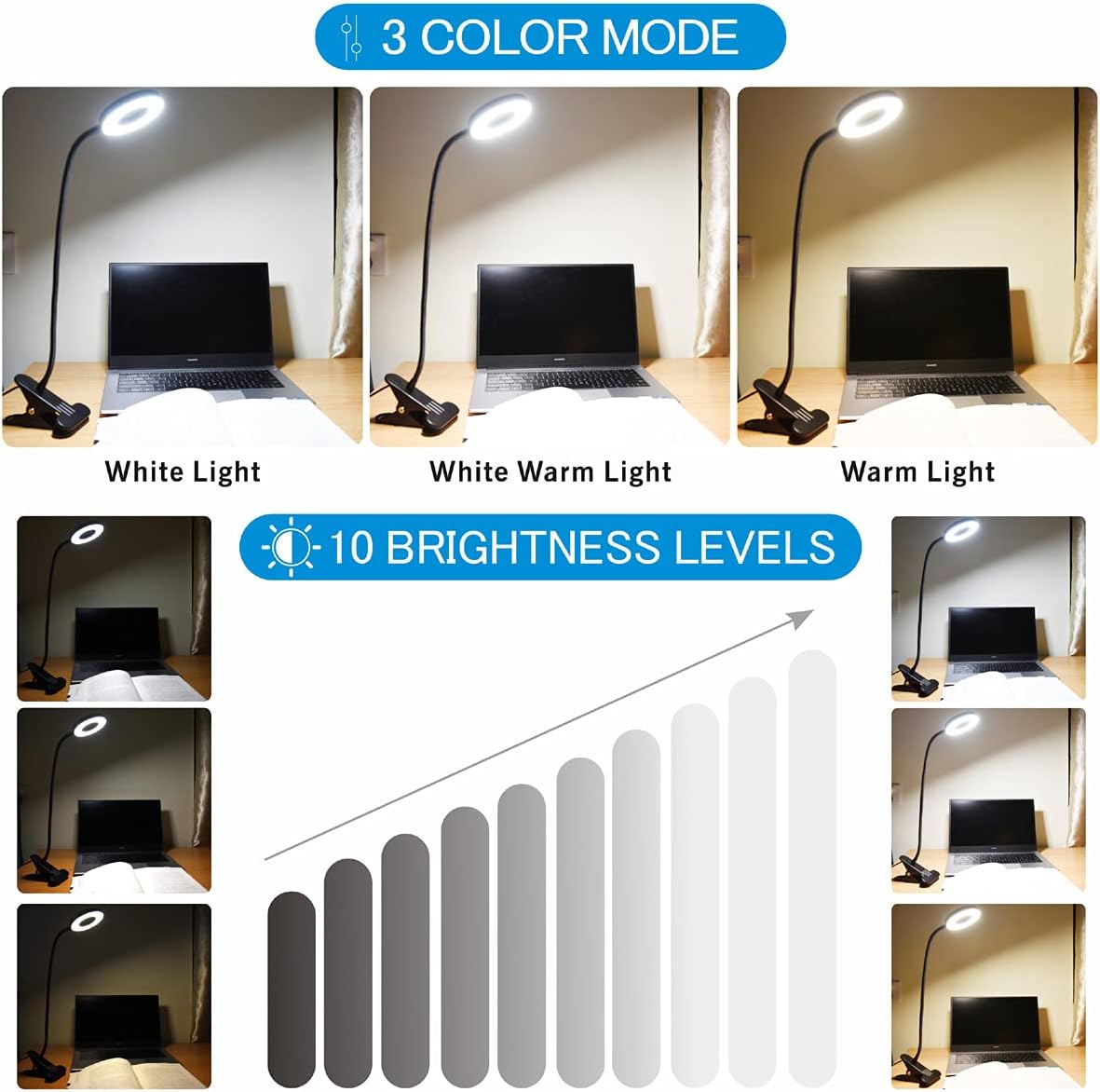 KNAMKY USB LED Desk Lamp Clip On Light, 3 Light Mode 10 Dimmable Brightness Eye Caring Book Adjustable for Reading Studying Working Video Conference Lighting (Black)