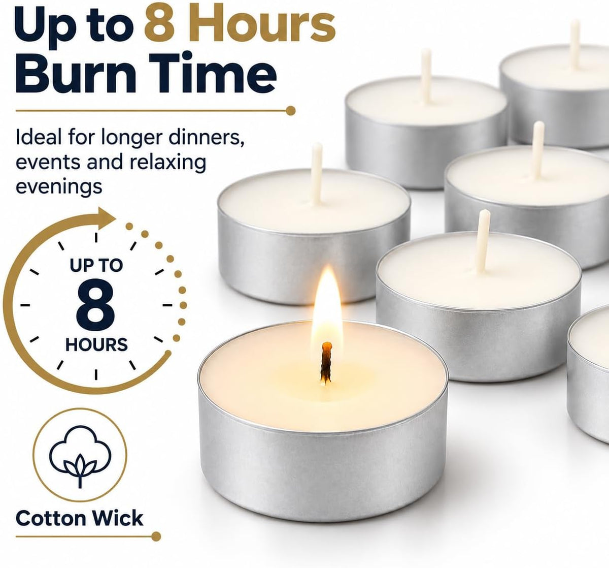 Unscented 8-Hour Tea Light Candles, 50 Pack, Cotton Wicks