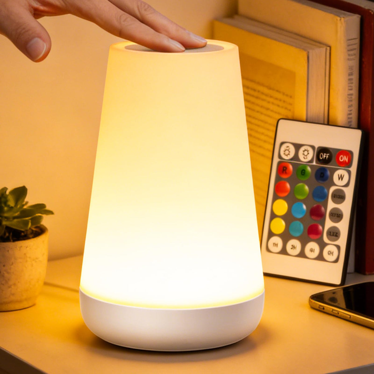 Ledivion Night Light, LED Touch Bedside Table Lamp, RGB Colours Changing, 5 Brightness Level, Timing Function, Dimmable Rechargable Remote Control Light for Bedroom, Living Room