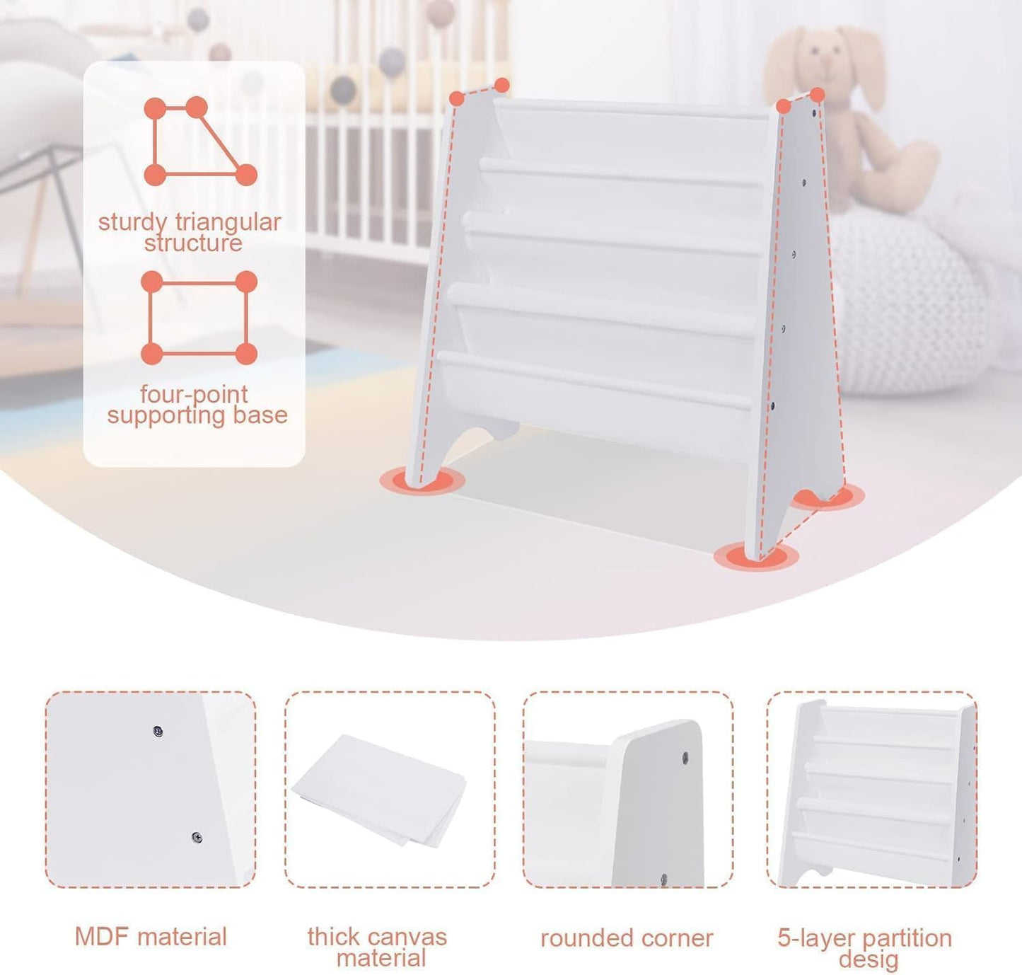 CROWNSHOP Kids Bookshelf 4 Layers Wooden Book Shelf Room Display Rack Kids Bookcas with Soft Canvas Suitable for Kids Room and Nursery White 61 * 60 * 26.5 CM