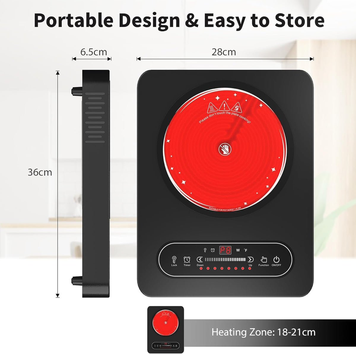 VBGK Portable Ceramic Hob, 2000W Portable Electric Hob, Electric Ceramic Hob, Single Cooking Zone with LED Display, 4-Hours Timer, Safety Lock, Residual Heat Indicator