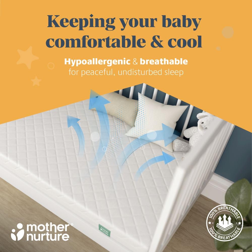 Mother Nurture Classic Eco Fibre Cot Bed Mattress - Hypoallergenic Easy Clean Quilted Cover, Reversible, Water Resistant, Baby Cot Mattress, Firm & Supportive, White, BSI Tested - Size 140x70 x10cm