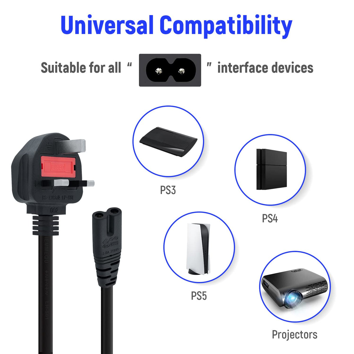 Mcbazel 3M UK Power Cable (IEC320C7 to BS 1363) C7 Figure 8 Power Lead,PS4 Power Cable,Kettle Lead/Power Cord compatible with Samsung LG Philips Toshiba TV/Printer/PS4/PS3/PS5