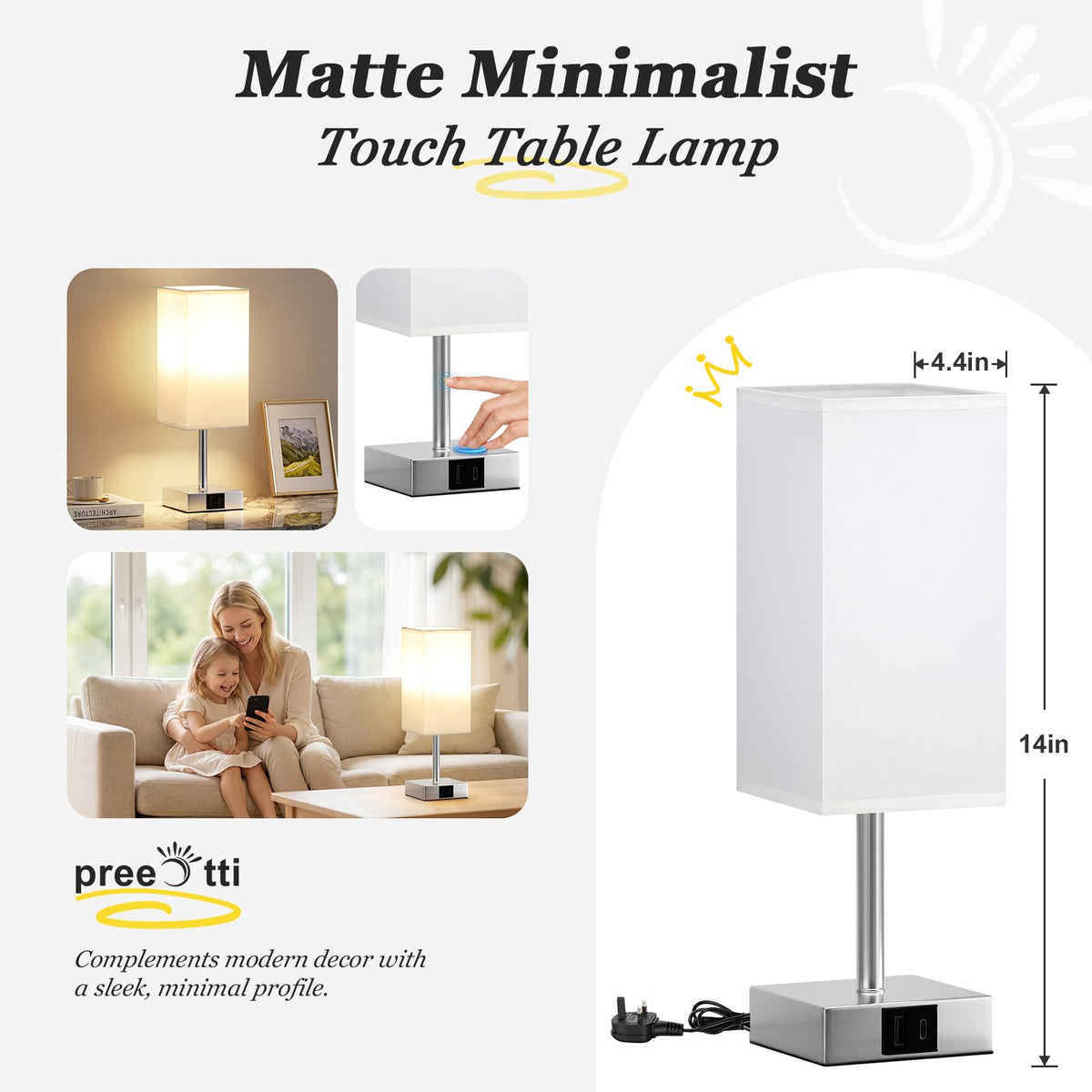 Pink Touch Lamp, Bed Lamp with Dual USB Charging Ports, Pink-Base (Bulb Included)