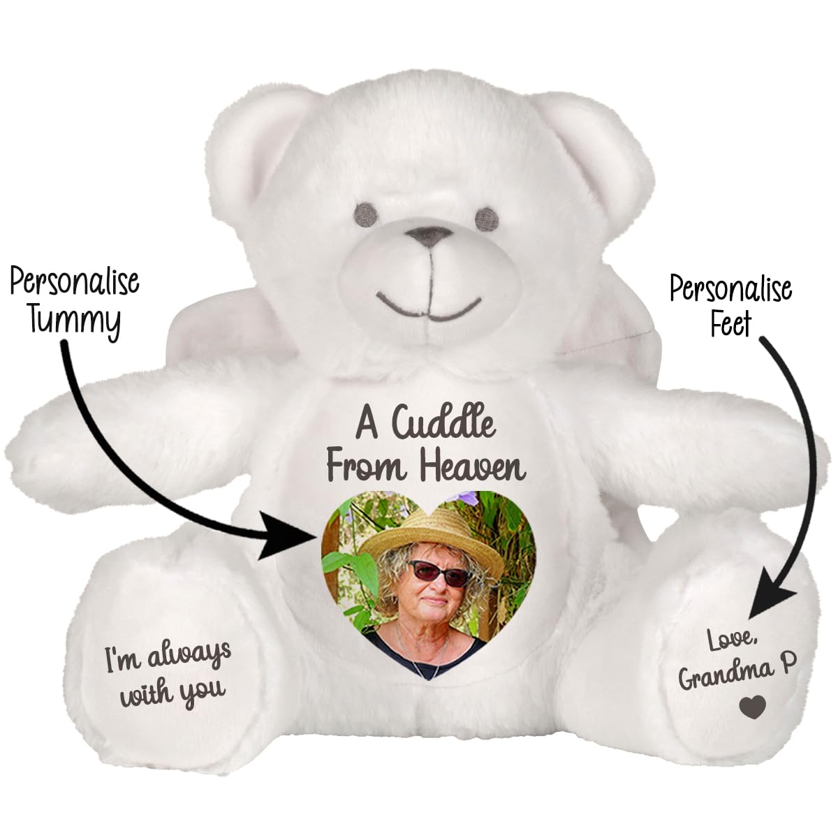 Personalised Memory Teddy Bear with Heart-Shaped Photo – “A Cuddle From Heaven” Keepsake Gift – 28 Bear Styles – Add Your Text & Choose Colour – Custom Memorial Bear (White Angel Teddy)
