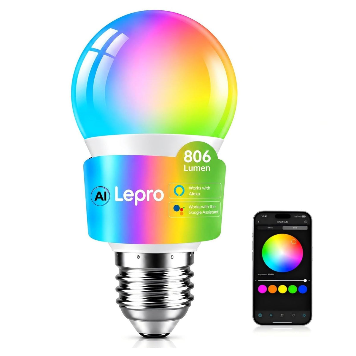 Lepro E27 Smart Bulbs, 806lm 8.5W, RGB Colour Changing, AI Lighting, 2 Pack