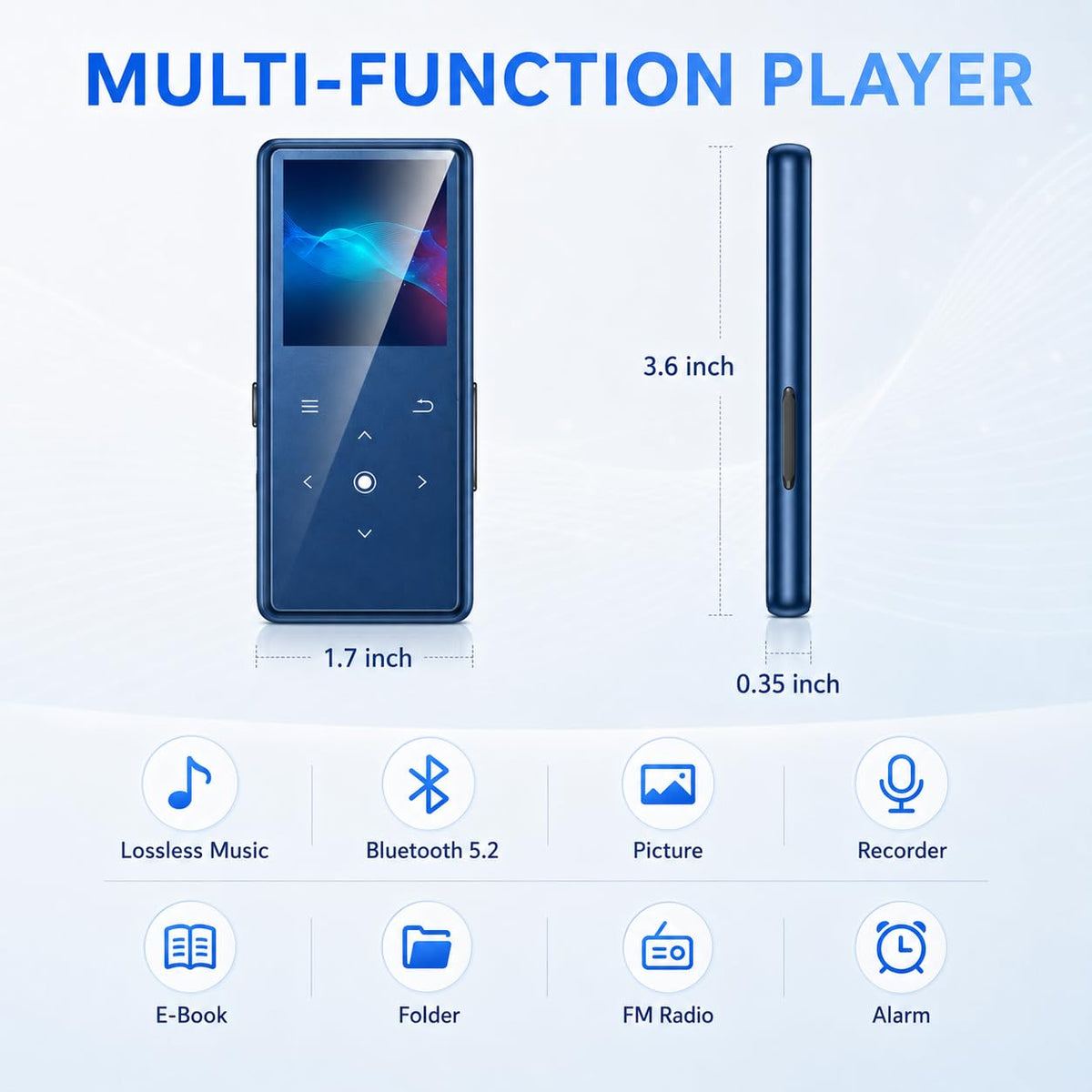 64GB MP3 Player with Bluetooth 5.2, AiMoonsa Music Player with Built-in HD Speaker, FM Radio, Voice Recorder, HiFi Sound, E-Book Function, Earphones Included
