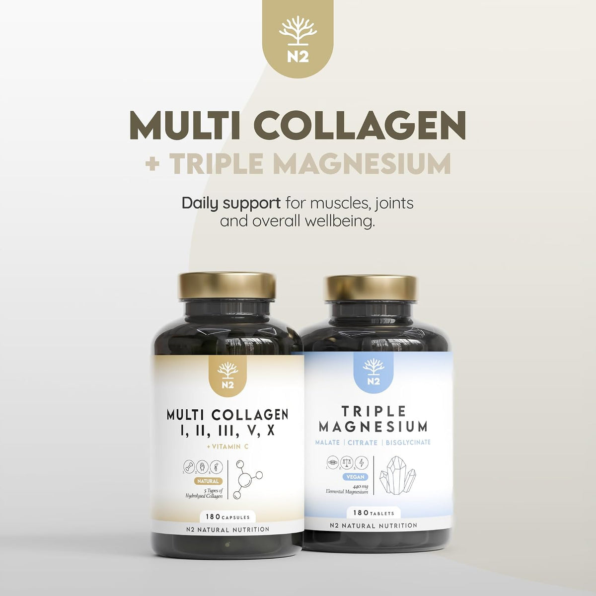 Multi Collagen 1650mg Type I, II, III, V, X. Bovine & Marine Collagen Peptides. 180 Capsules Enhanced with Vitamin C. High Strength Collagen for Joints, Hair and Skincare. N2 Natural Nutrition