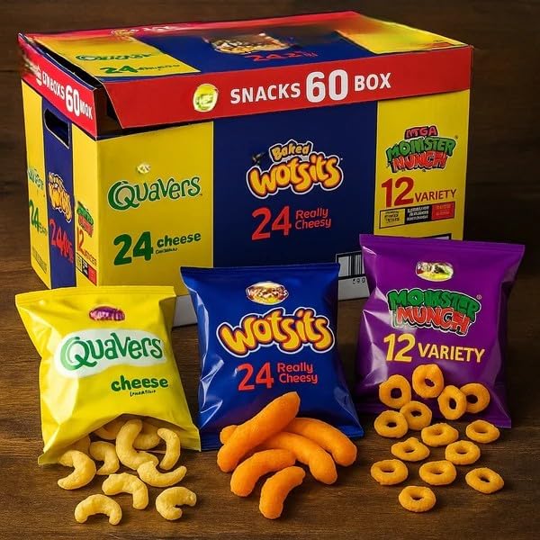 Waakers Crispy Snack Variety Box | 60 Pack | 24 Cheese Quavers | 24 Really Cheesy Wotsits | 12 Variety Monster Munch