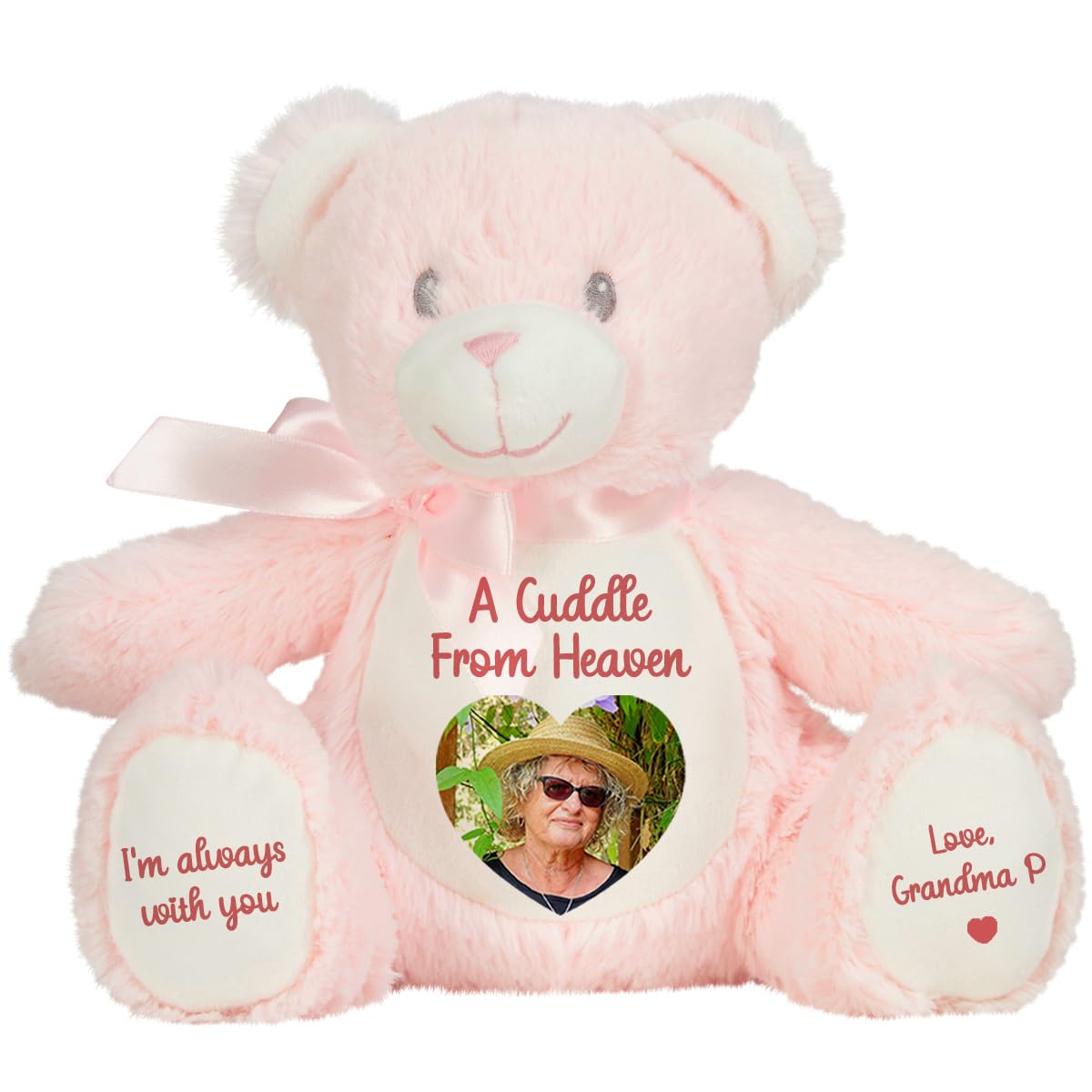 Personalised Memory Teddy Bear with Heart-Shaped Photo – “A Cuddle From Heaven” Keepsake Gift – 28 Bear Styles – Add Your Text & Choose Colour – Custom Memorial Bear (White Angel Teddy)
