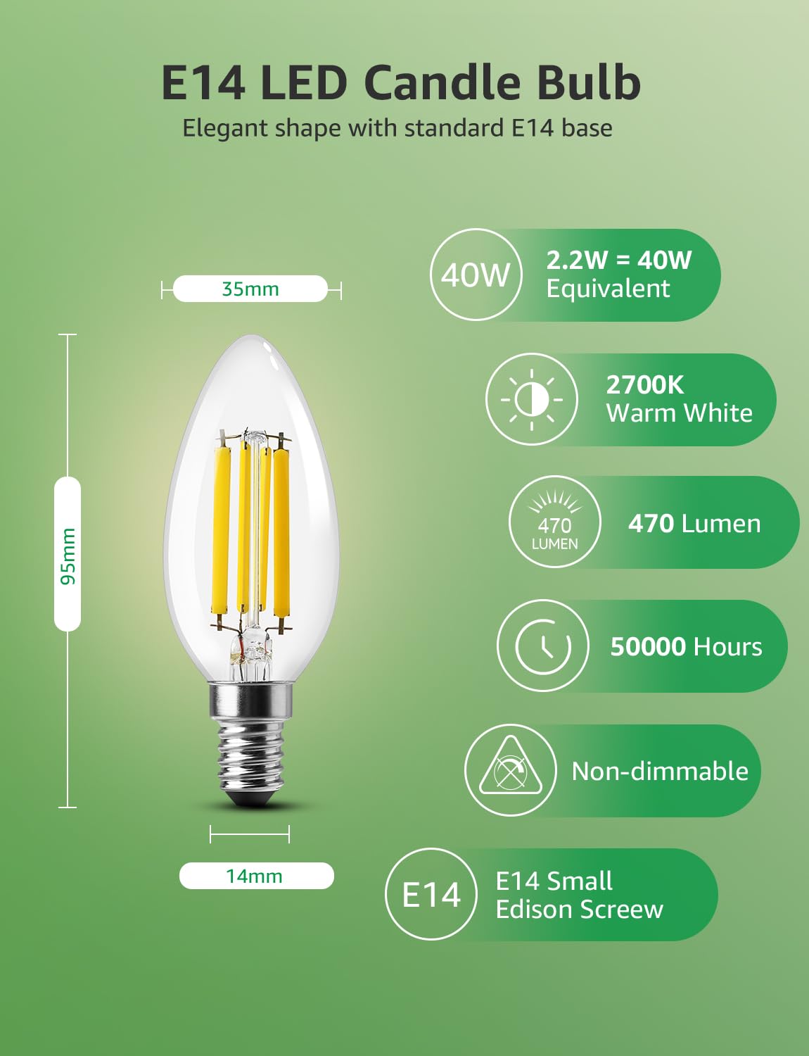 Lepro E14 Golf Ball Bulb A-Rated, Warm White, 2.2W = 40W, 470LM, Pack of 2