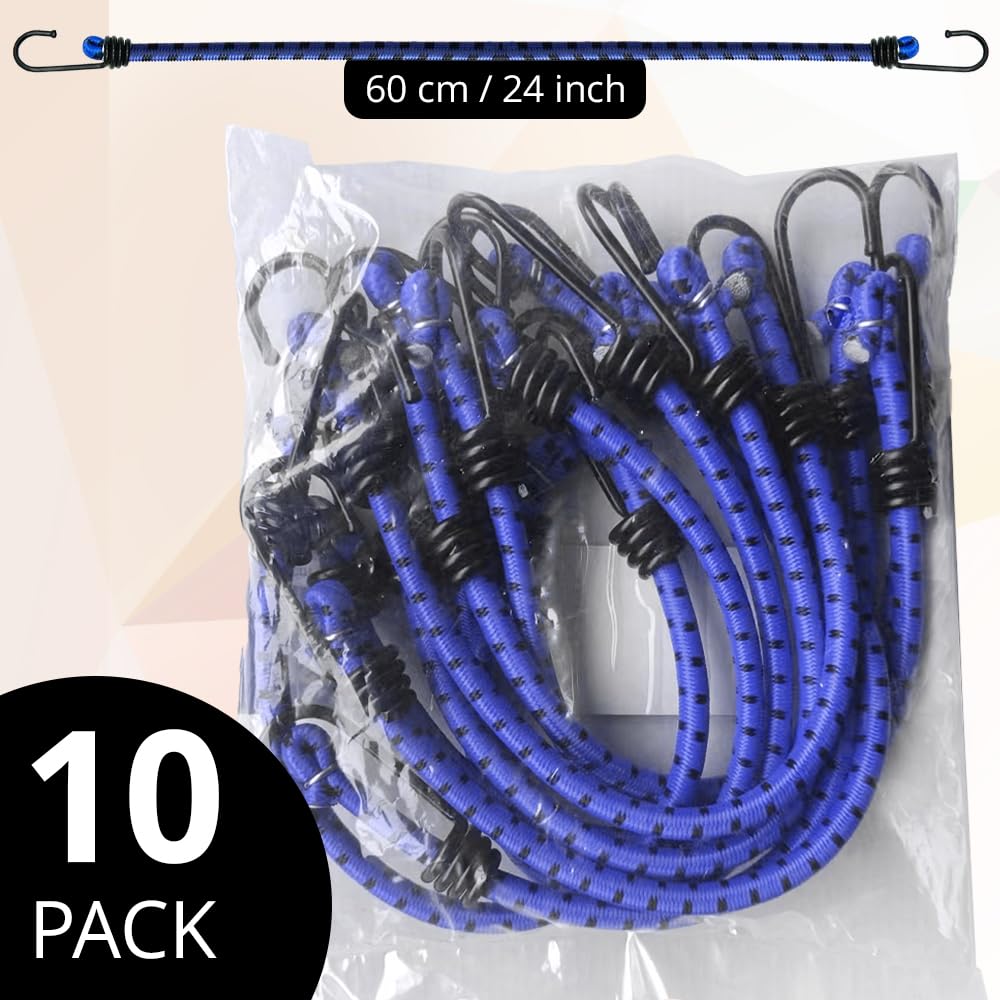 ANSIO Bungee Cords with Hooks 16” (40cm), Pack of 10 Bungee Straps - Red