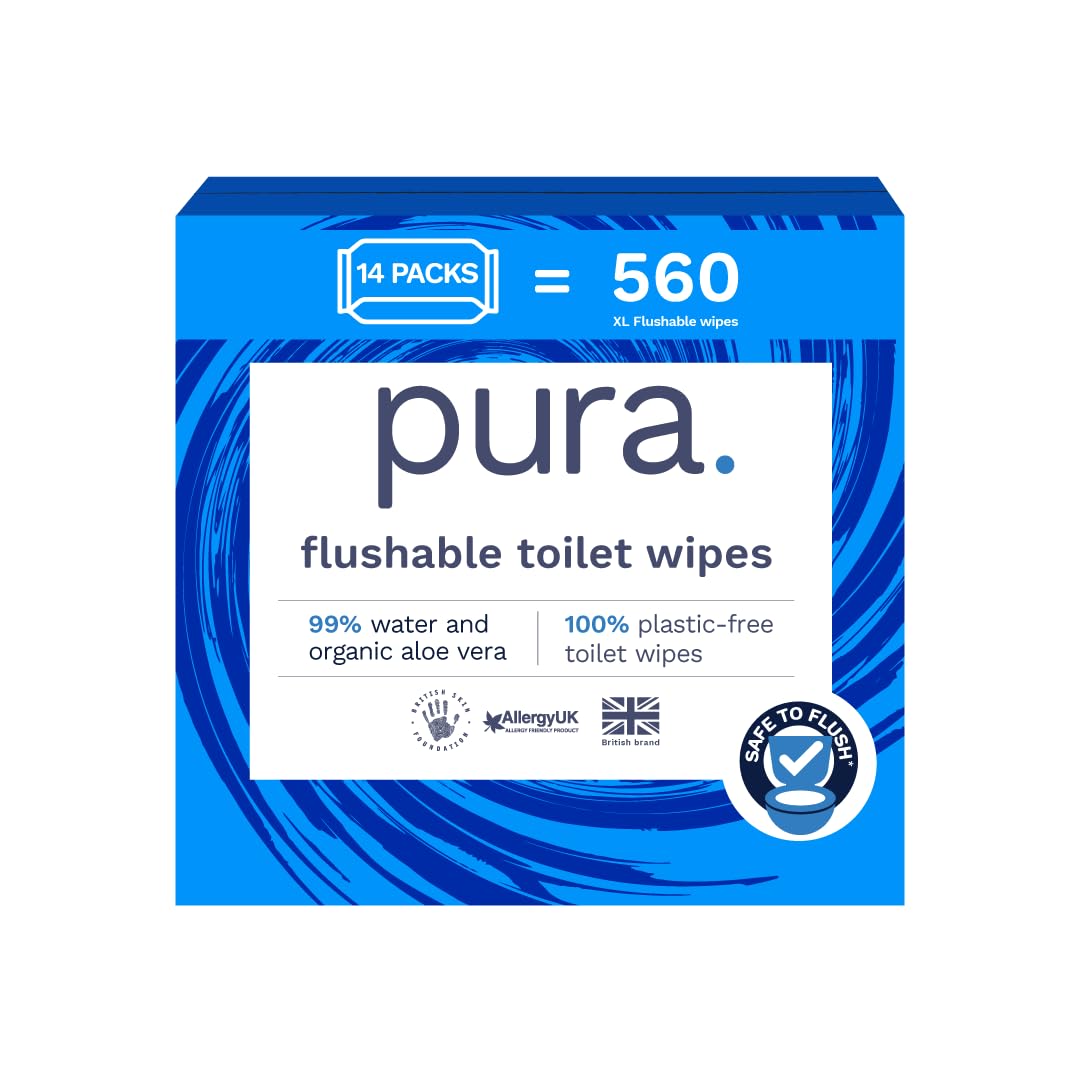Pura Flushable Moist Toilet Tissue Wipes, 1 Pack of 40 Wet Wipes, 100% Plastic Free, 99% Water Clean Washlets, Certified ‘Fine to Flush’ Biodegradable, Compostable, Vegan, Gentle Clean