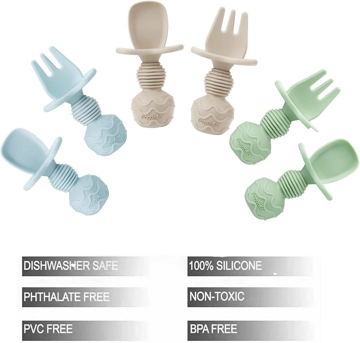 PandaEar 6 Pack Silicone Baby Weaning Spoons and Forks Set| Toddler Cutlery Self Feeding Spoons for Baby| Anti-Choke Design for Baby Led Weaning 3 Months Plus (Blue Green Tan)