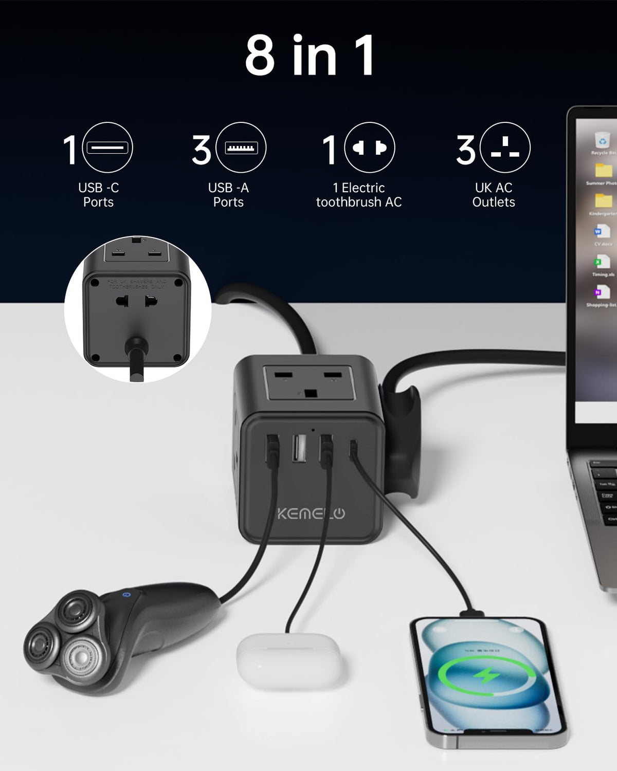 Cube Extension Lead with 4 USB Slots, Kemelo 4 Way (13A/3250W) Multi Plug Extension Cable with Child Safety UK Desktop Power Extension Socket,1.5M Extension Cords for Home Dorm Office Travel, Black