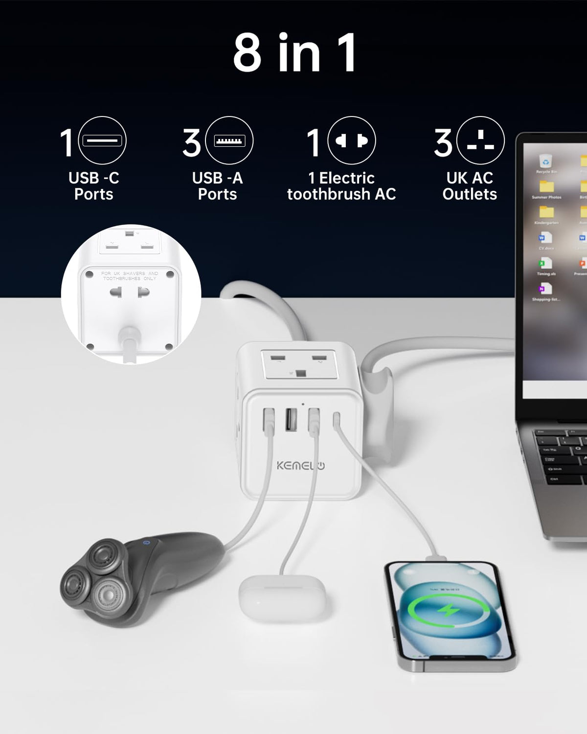 Cube Extension Lead with 4 USB Slots, Kemelo 4 Way (13A/3250W) Multi Plug Extension Cable with Child Safety UK Desktop Power Extension Socket,1.5M Extension Cords for Home Dorm Office Travel, Black