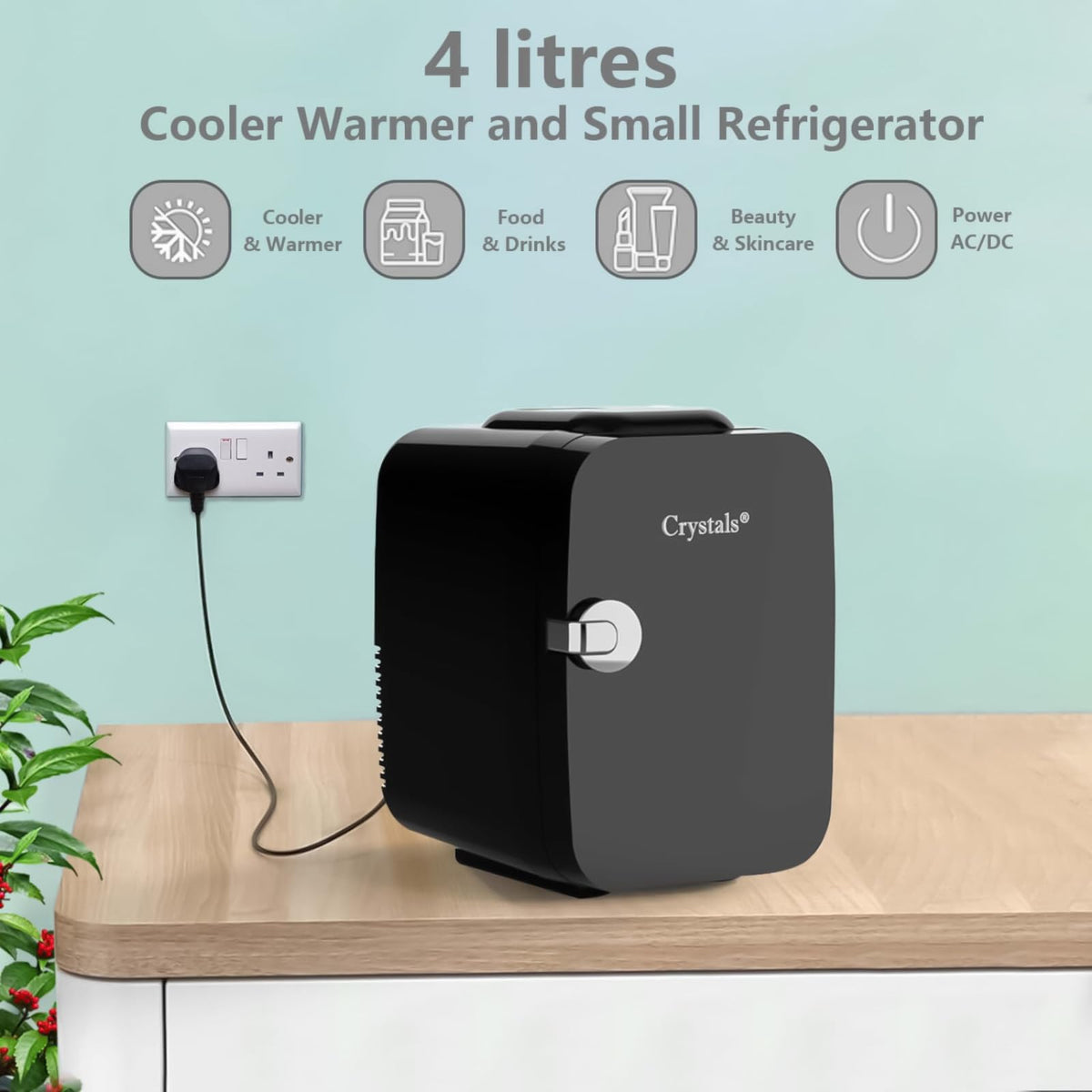 Crystals Mini Fridge, 10L Table Top Small Fridge Cooler & Warmer for Car Bedrooms Desk Office, 12V DC - 220 AC, Energy Efficient (Black)