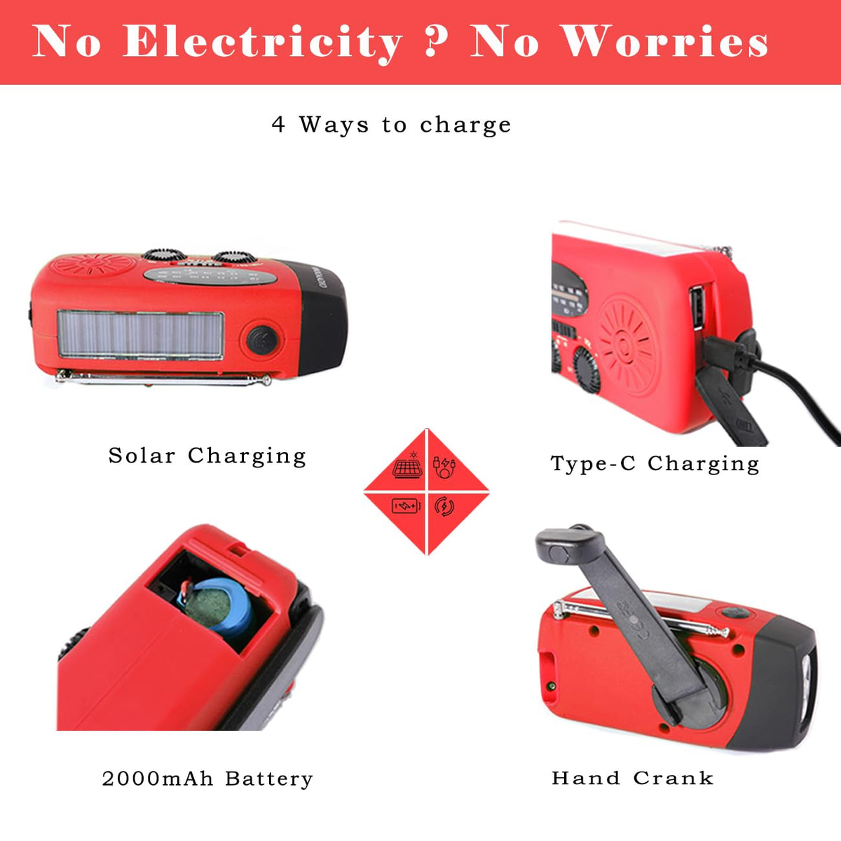 NNOOAADIO Wind Up Solar Hand Crank Radio, 2000mAh SOS Alarm for Camping