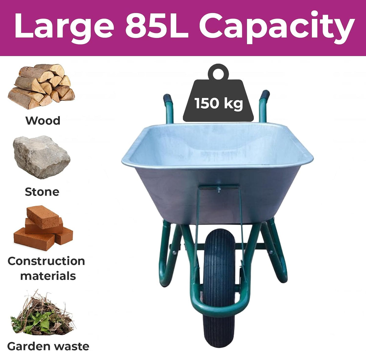 Neo Wheelbarrow Home Garden Cart Galvanised with Pneumatic Tyre (85L) Silver