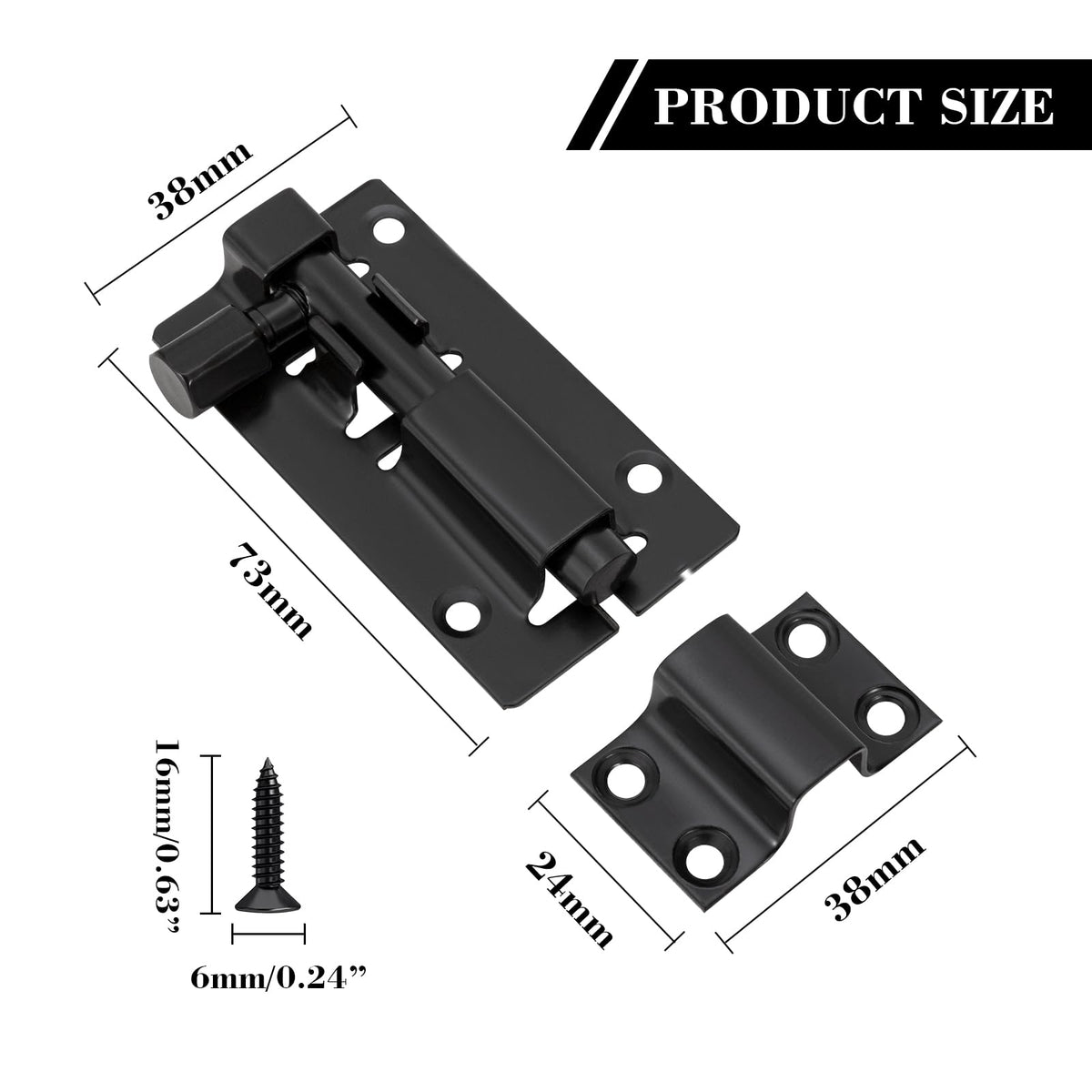 Door Lock Bolts 3"(75mm), Heavy Duty Black Door Latch Slide Bolts Lock with Screws for Bathroom Bedroom Shed Garden Toilet, 3 Inch