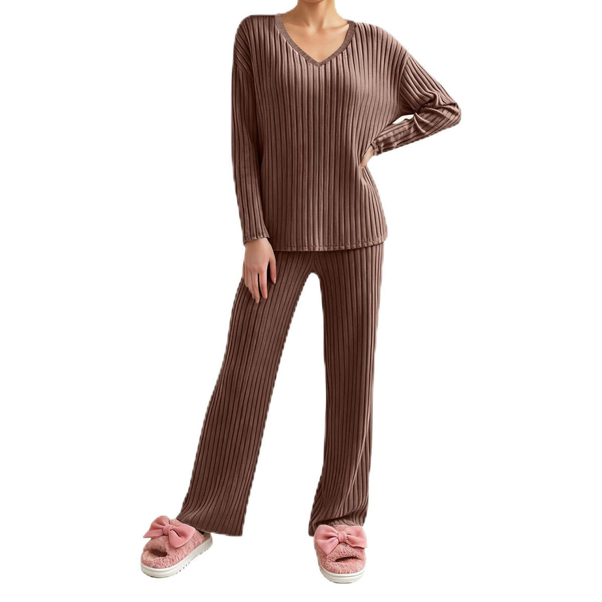 Lounge Wear Sets For Women Uk Womens Pyjamas Set Ladies Pyjamas Two Piece Outfit Fleece Tracksuits V-Neck Long Sleeve Jumpers And Wide Leg Trousers With Pockets Sleepwear Plain Casual Homewear